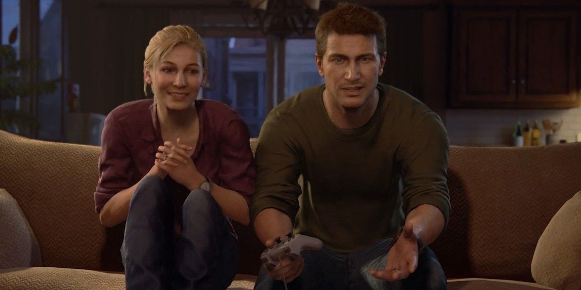 Uncharted 4 Elena and drake playing playstation