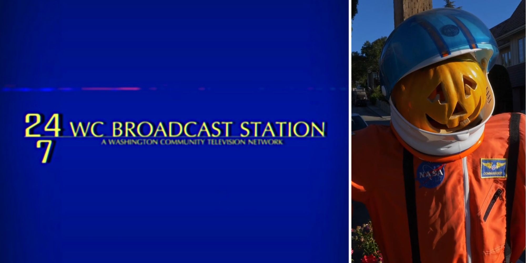 Walker Creek Broadcast Station sign off, a pumpkin dressed in Nasa gear in the street
