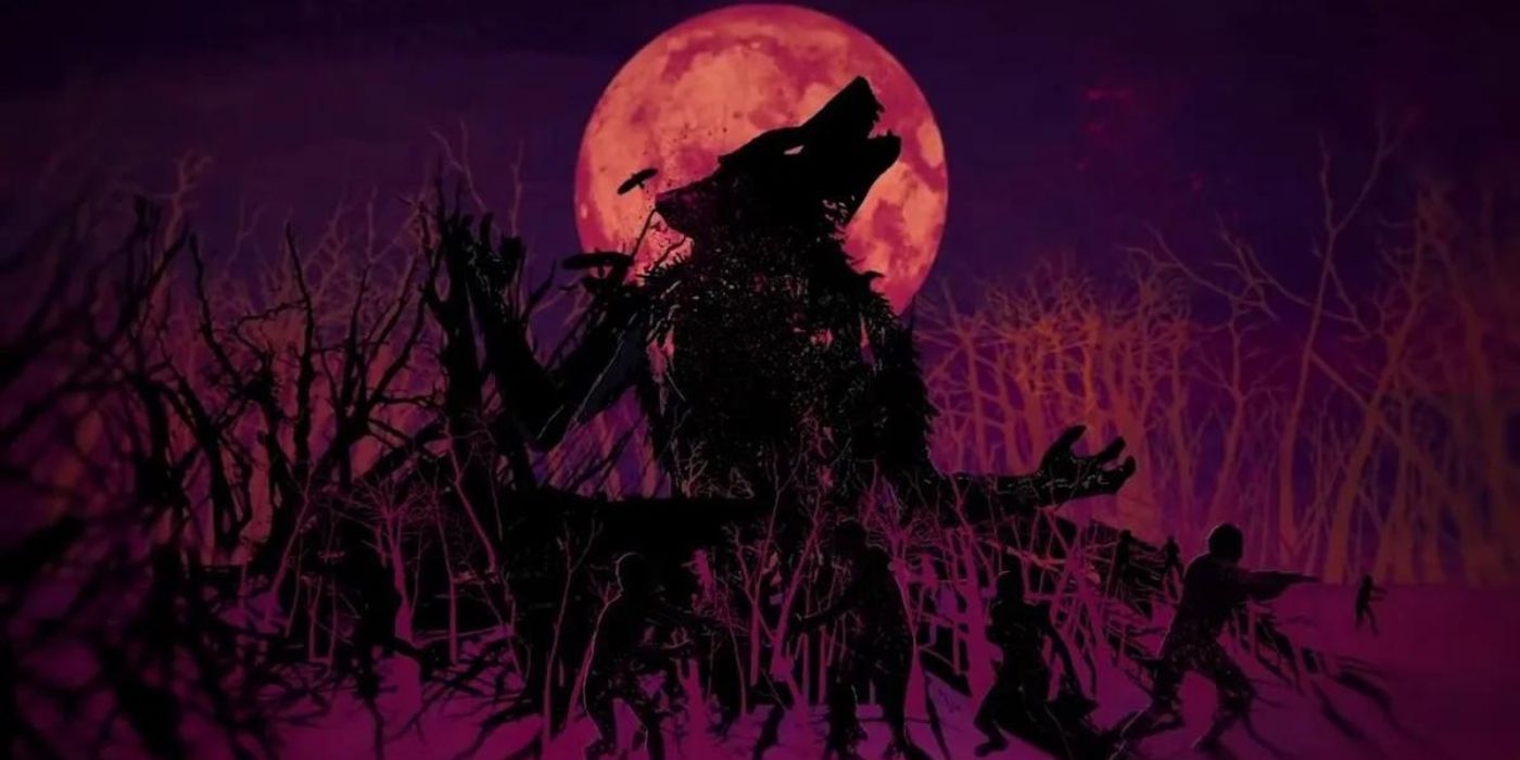 A werewolf howling behind in front of a blood red moon while shadowy figures move through the forest.
