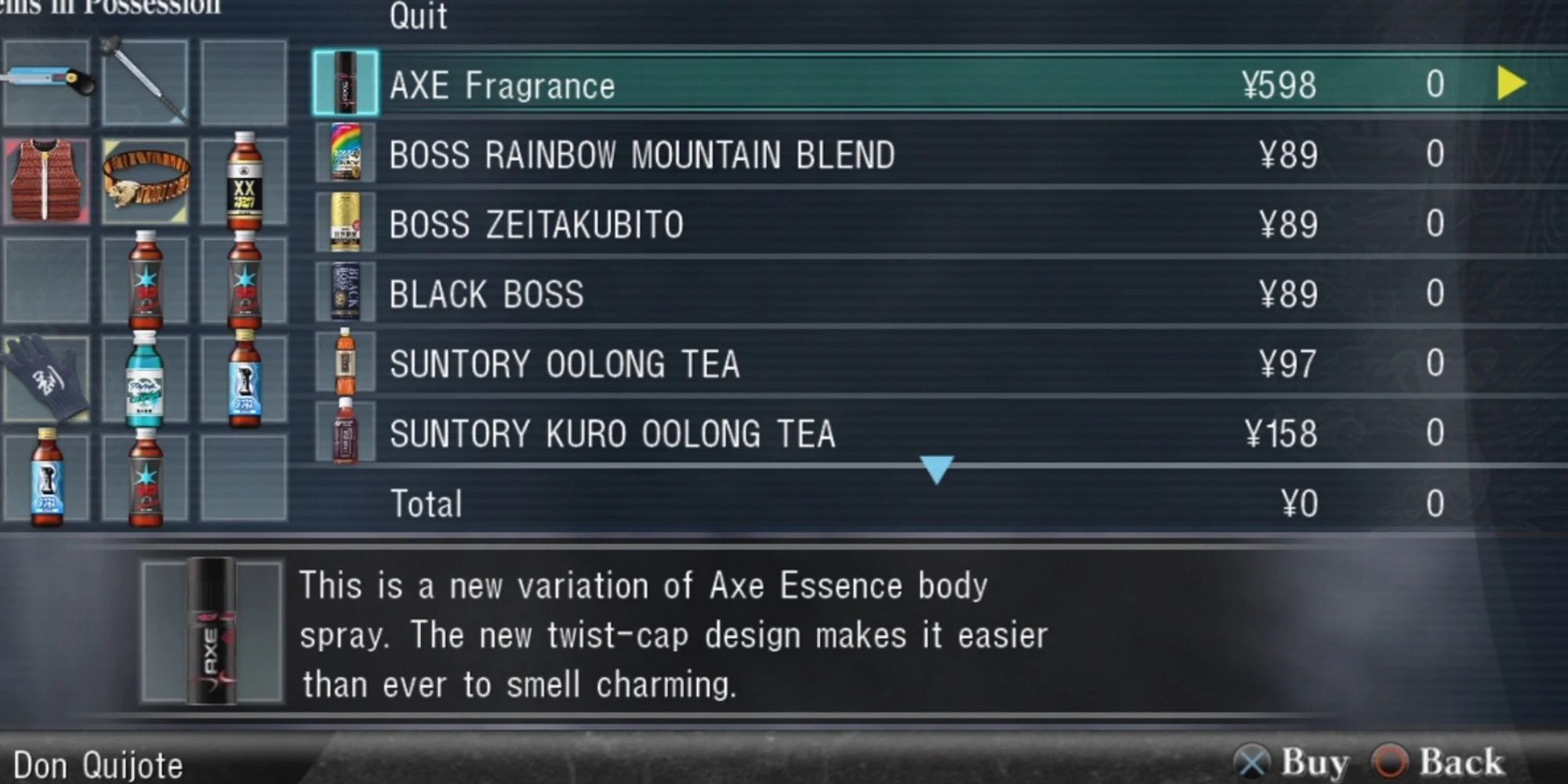 Yakuza Axe Body Spray in the menu of options at Don Quijote.