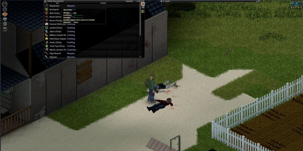 Project Zomboid Axe survivor wielding a wood axe standing over dead zombies