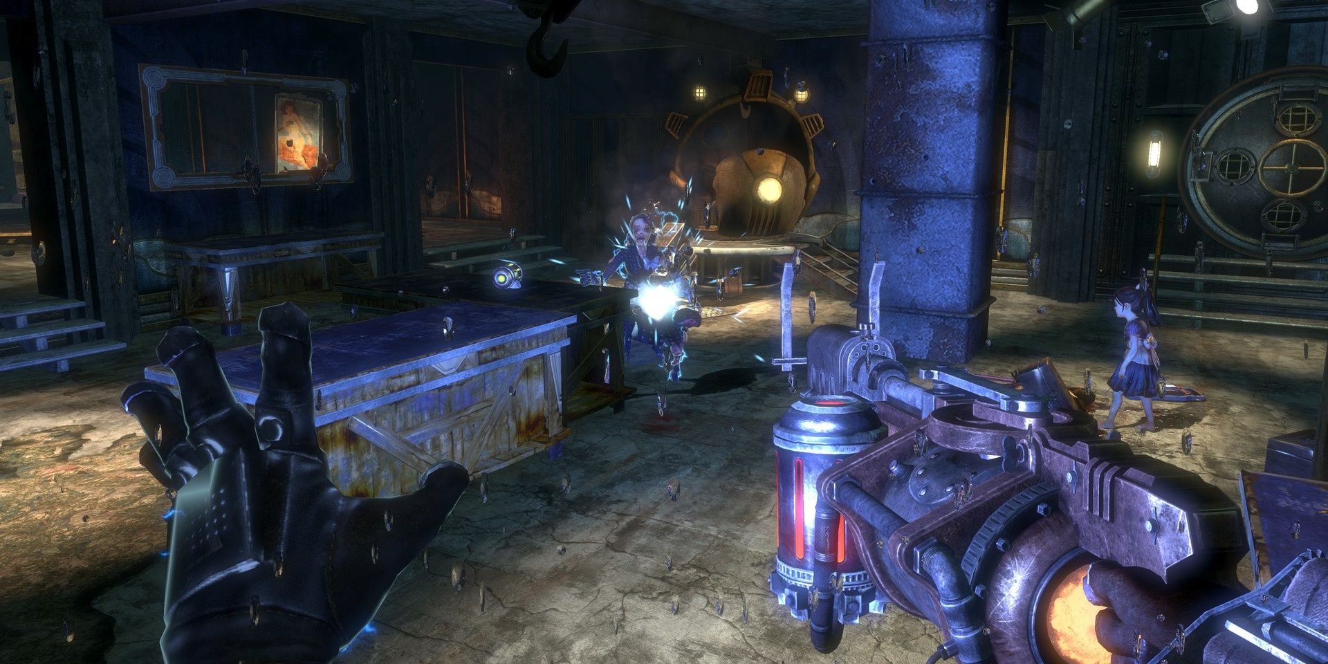 A screenshot showing the player using both a weapon and a plasmid in BioShock 2