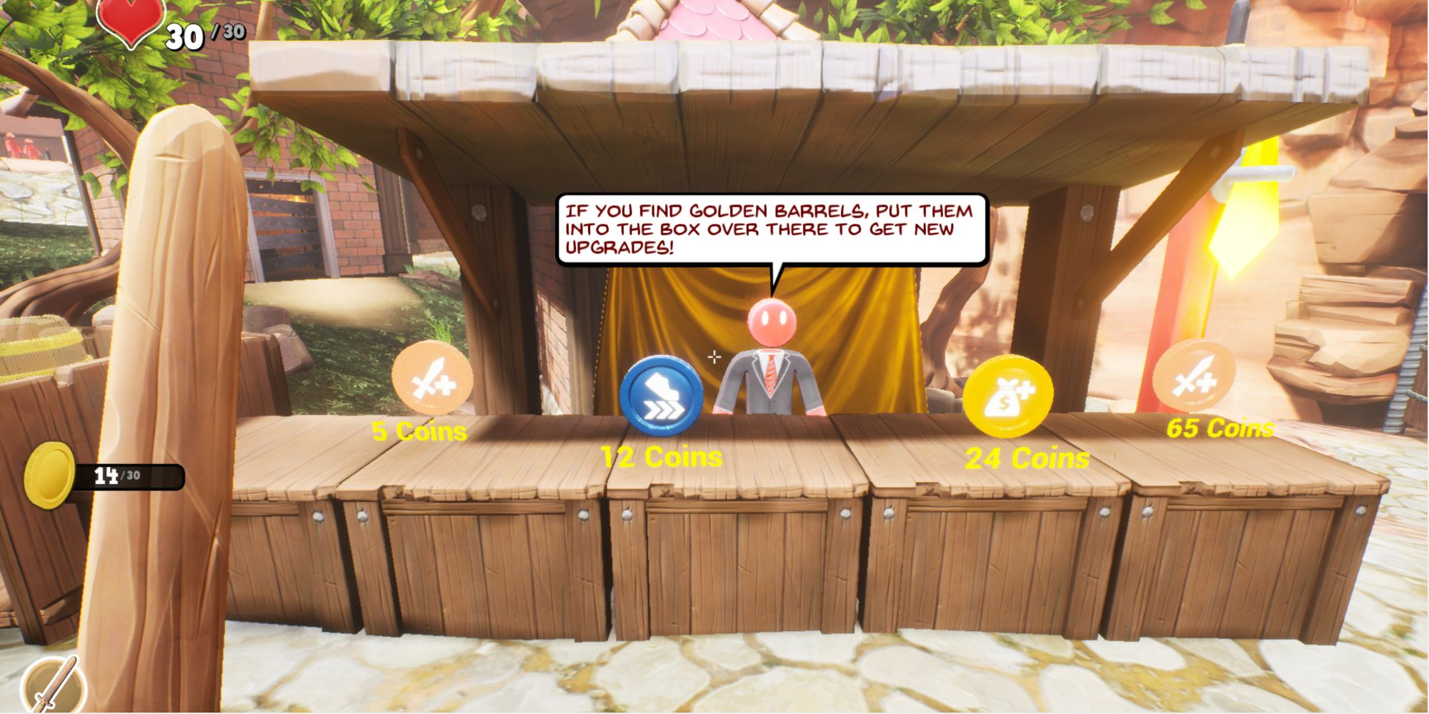chatting to the shopkeeper about upgrade barrels in supraland