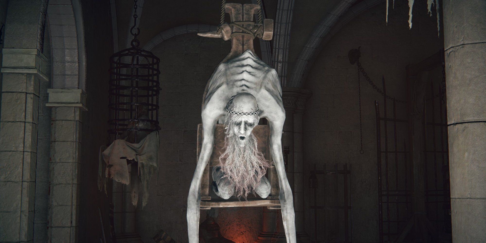 Screenshot from Elden Ring showing an albinauric man held at Volcano Manor.