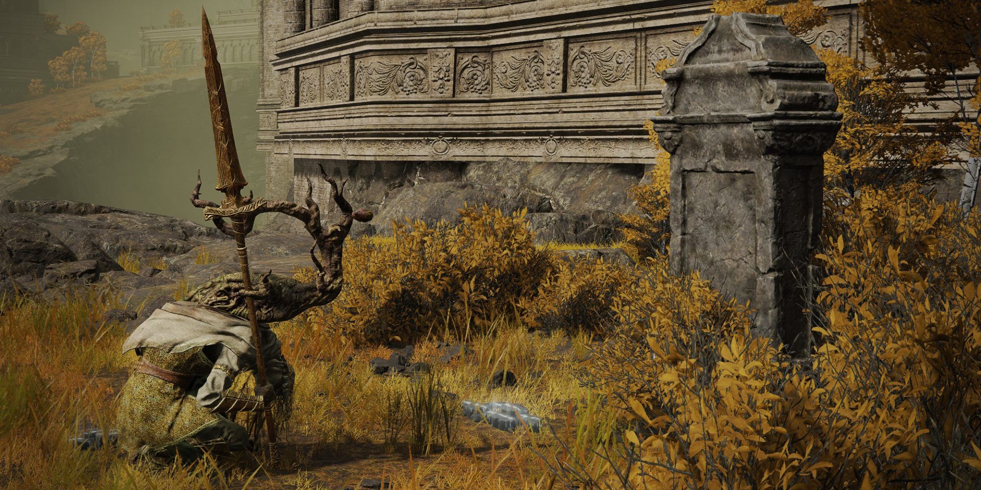Screenshot from Elden Ring showing a guardian enemy mourning at a grave.