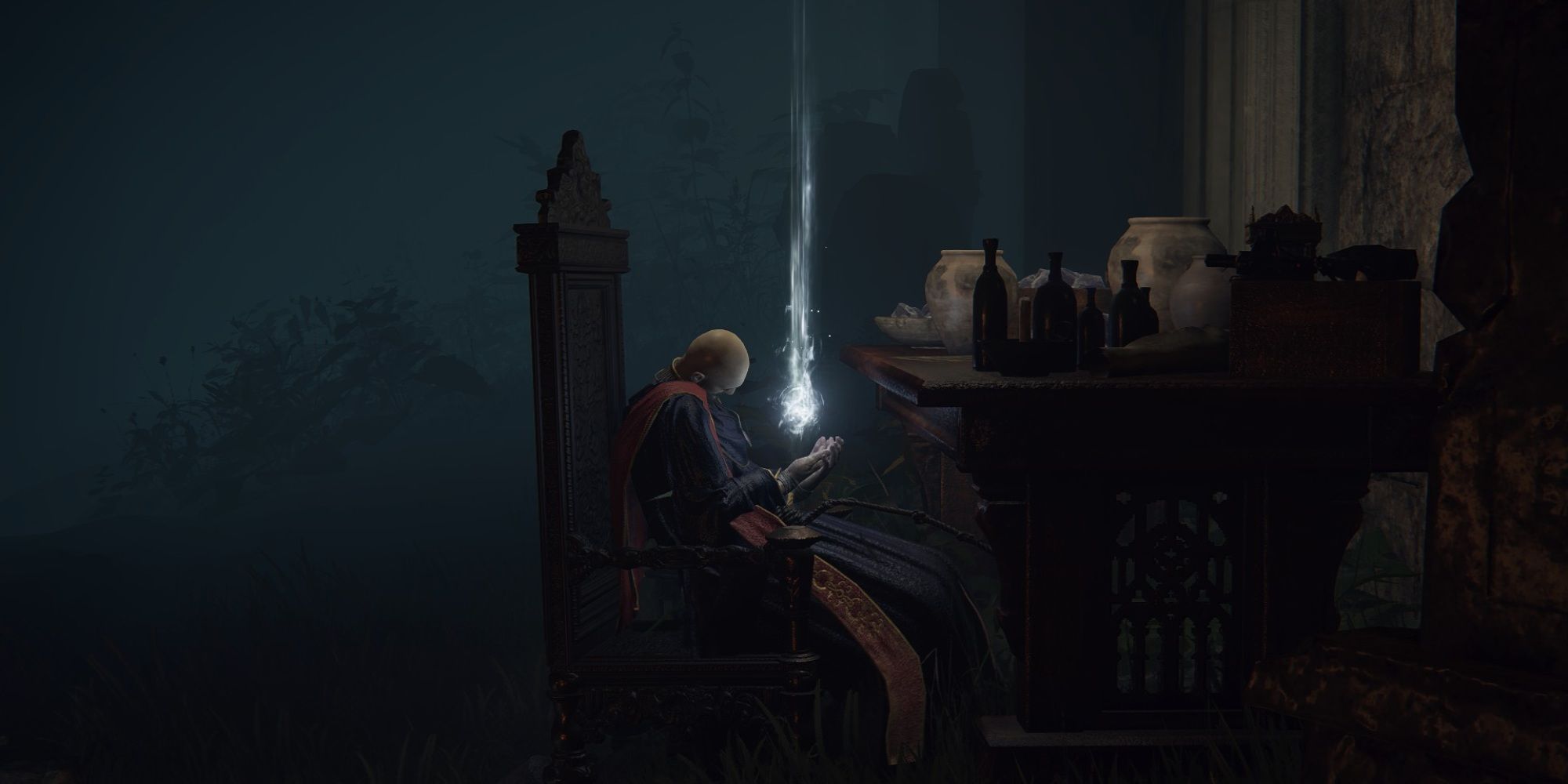 Screenshot from Elden Ring showing Thops dead at his desk.