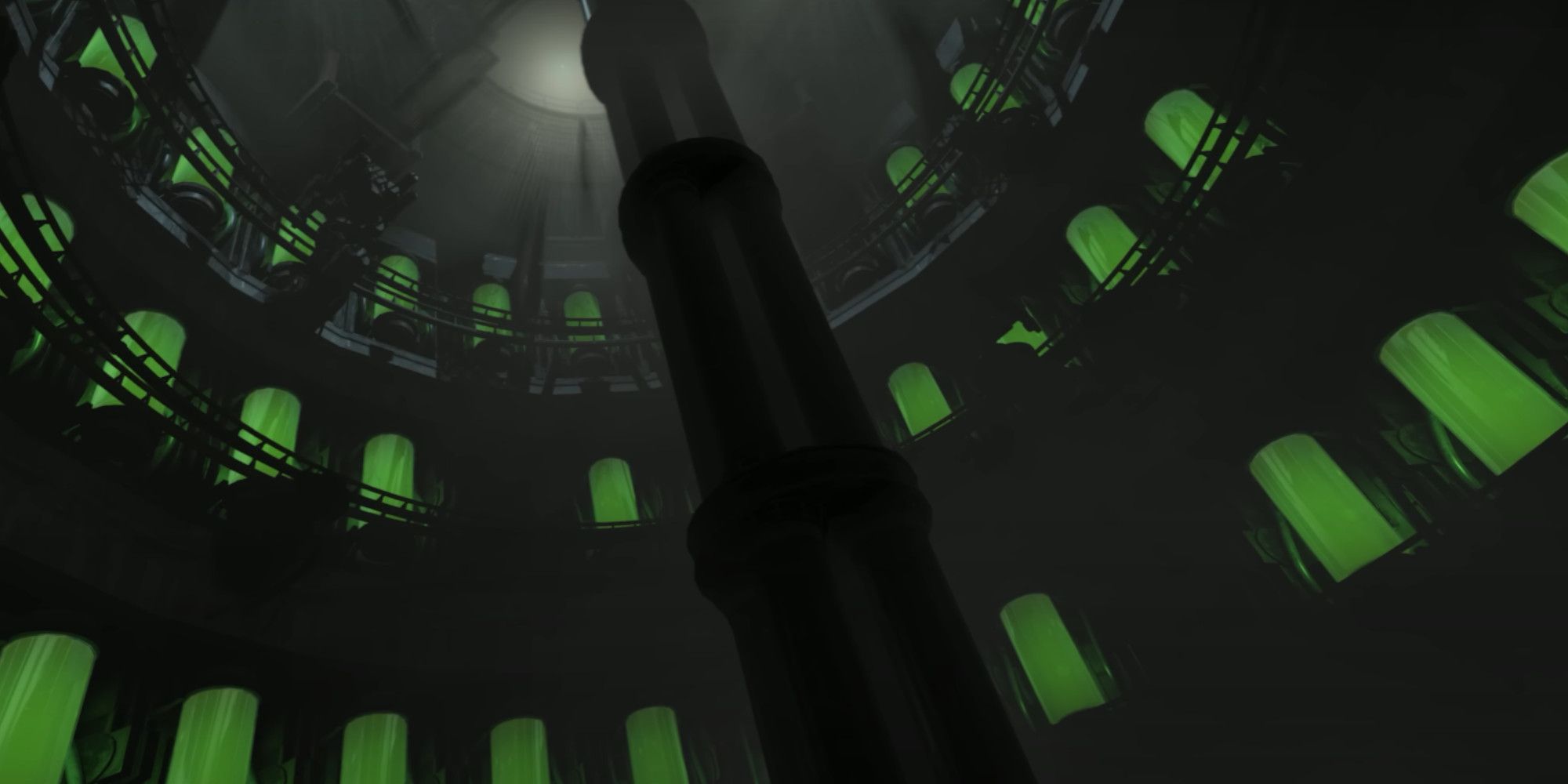 fallout london underground science facility with lots of green cylindrical test tubes