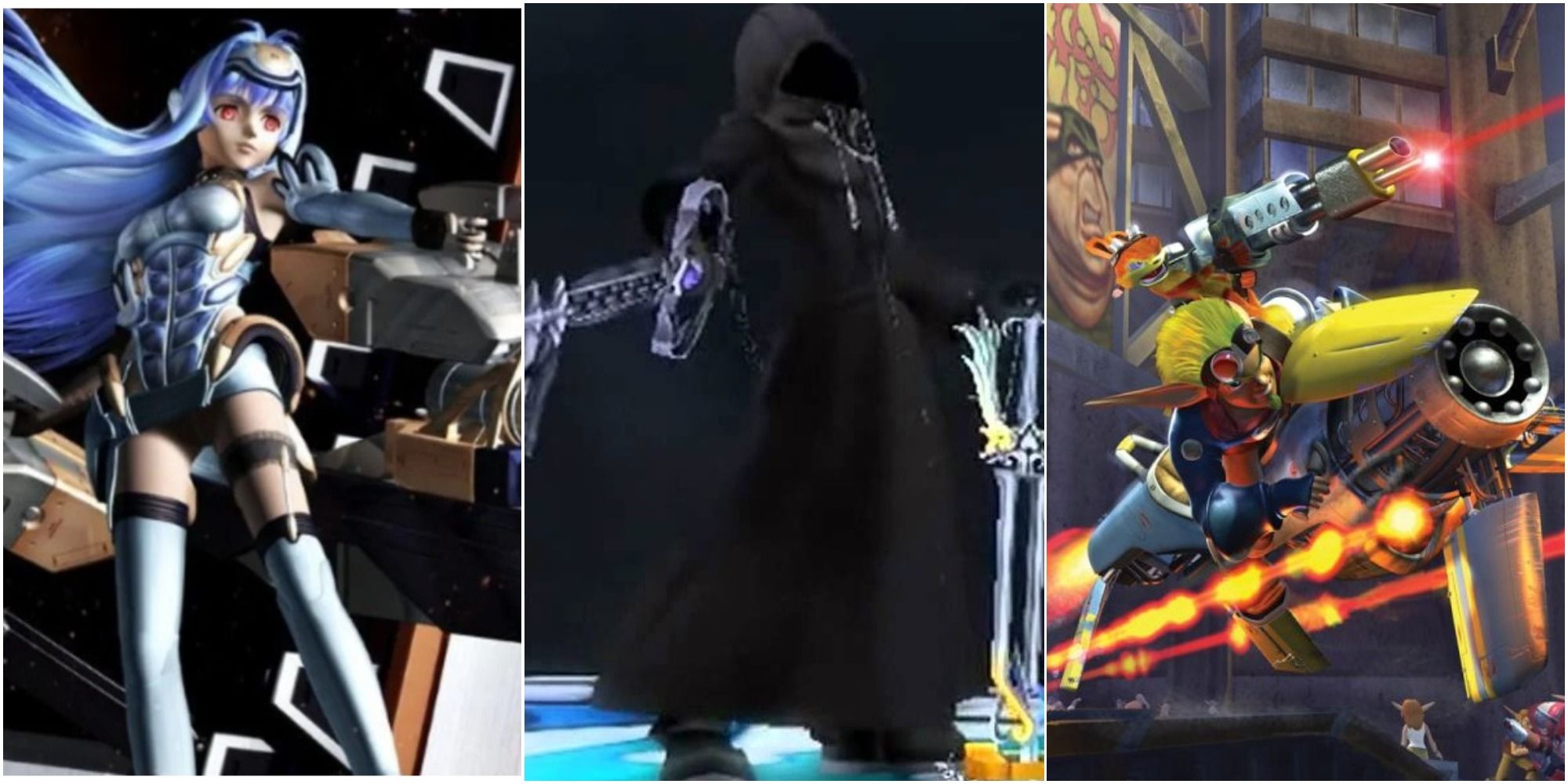 KOS-MOS posing with guns aboard a spaceship, hooded roxas pointing oblivion at sora while oathkeeper is holding down kingdom key, jak and daxter racing through the city on a hoverbike while daxter aims a gun offscreen