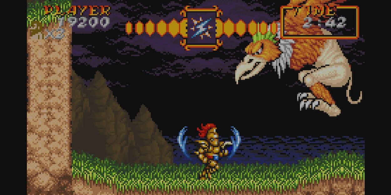 Arthur in gold armor attacks a bird/man/monster and has the lightning powerup along with a score of 19200 and a time of 2:42 on the clock