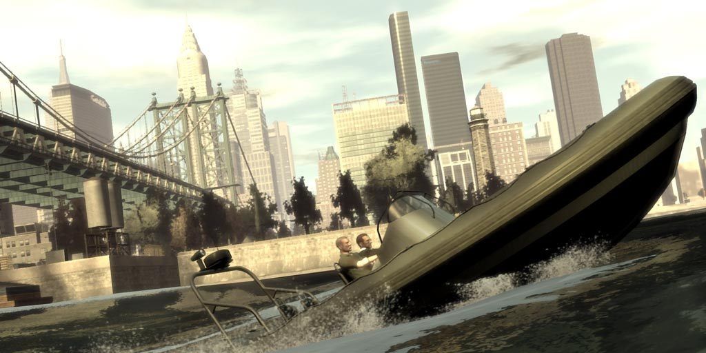 A screenshot showing Niko riding in a speed boat with Liberty City in the background in GTA 4