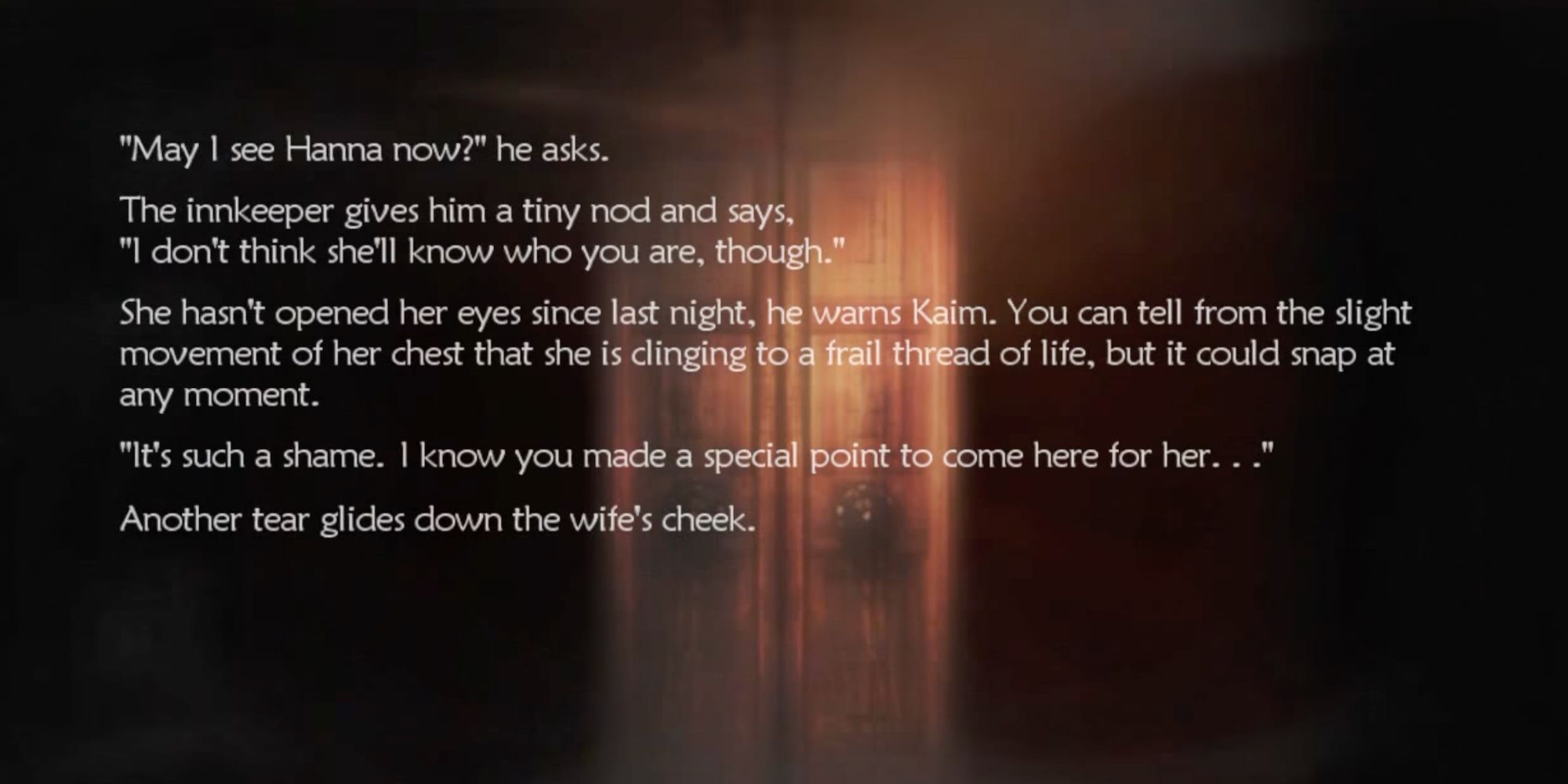 A screenshot of one of Lost Odyssey's visual novel segments, in which Kaim returns to an inn to see a dying woman named Hanna