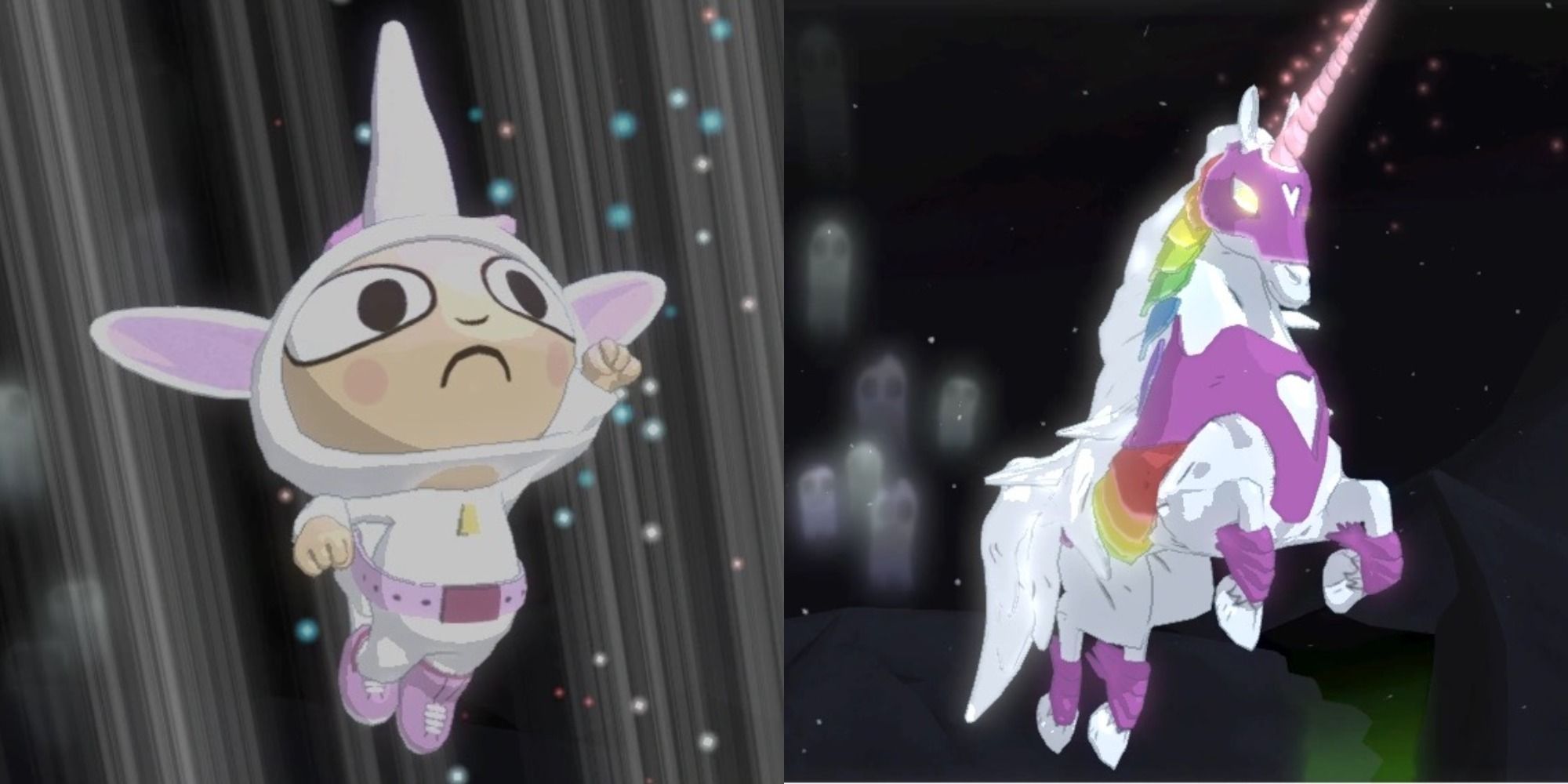 Main Character in the unicorn costume, transformed into a unicorn for combat