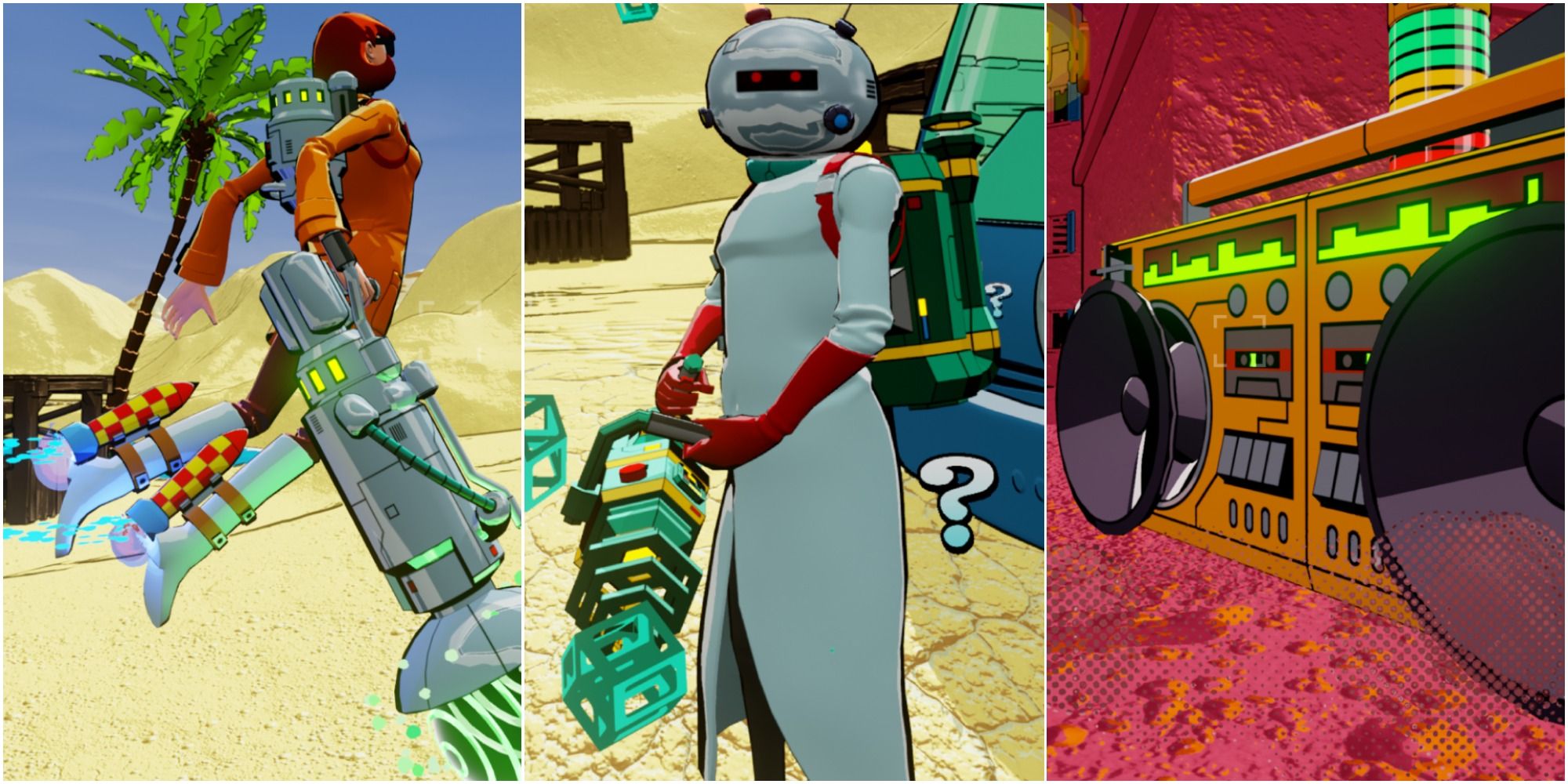 on the left is a character flying through the sky with rocket boots, in the middle is a scientist with a metal helmet on and on the right is a boom box
