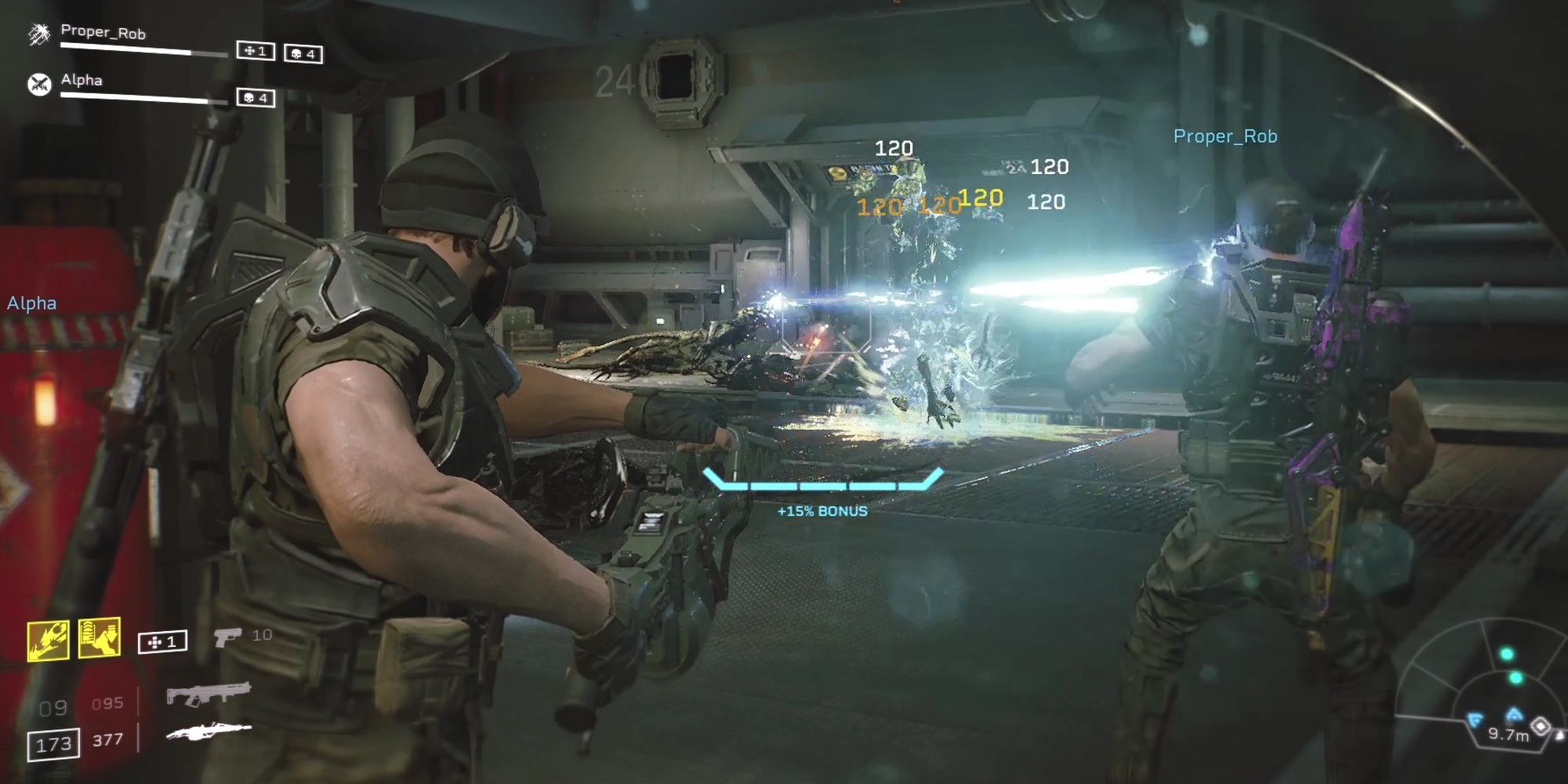 Aliens: Fireteam Elite - Lancer Partner Firing A Plasma Lance Blast At Xenomorphs