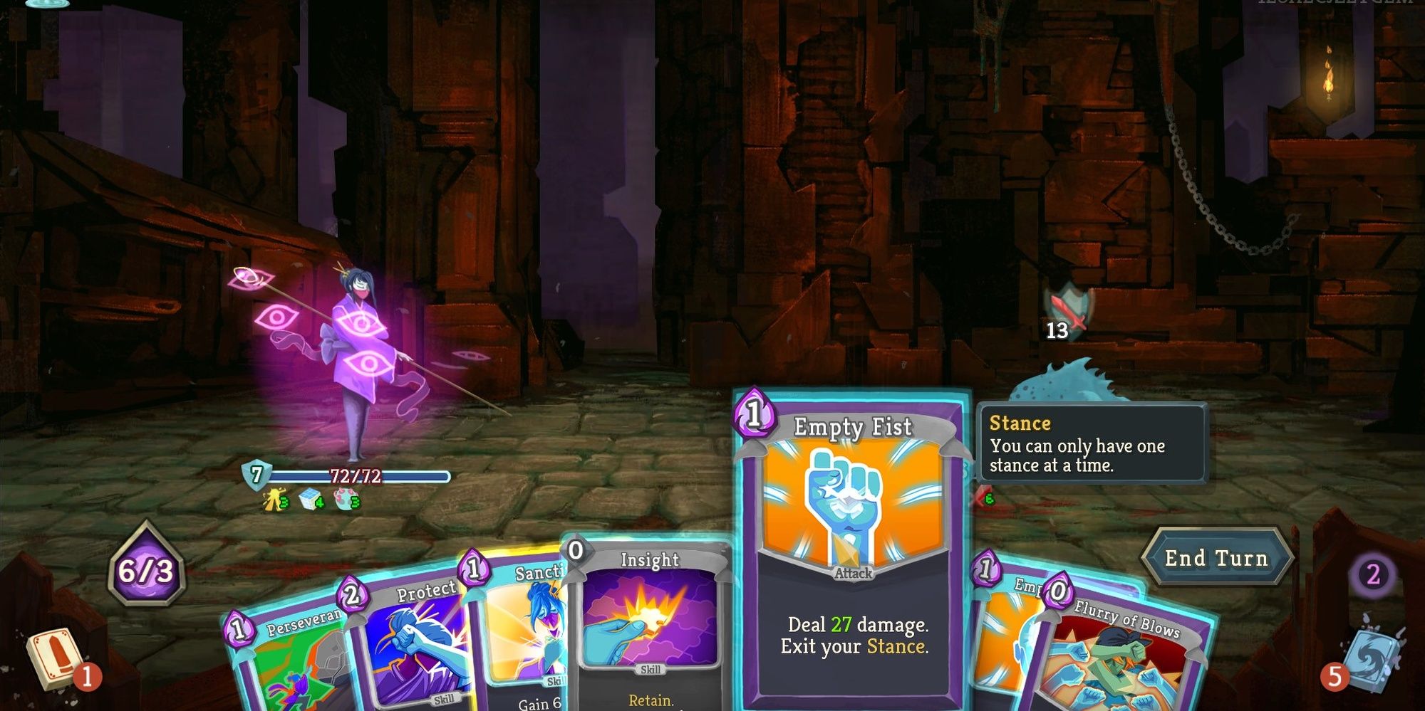 slay the spire watcher playing the empty fist card against an enemy in battle