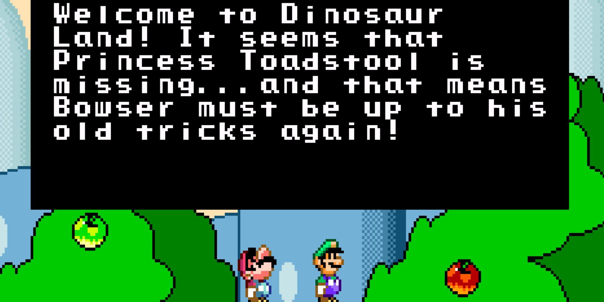 small versions of mario and luigi read the text box above them explaining where they are and that peach is missing