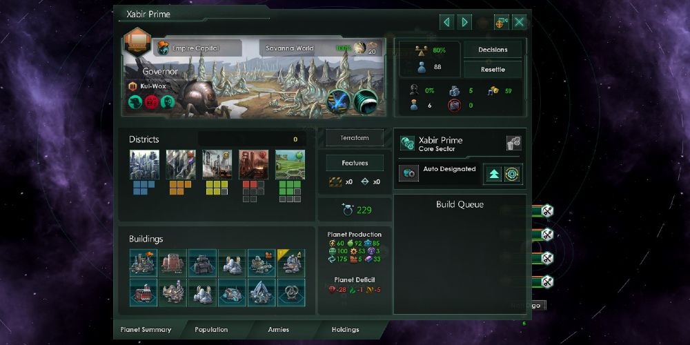 the planet menu in Stellaris, showing Xabir Prime