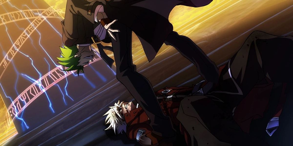 Terumi, as Hazama, standing over Ragna in Blazblue