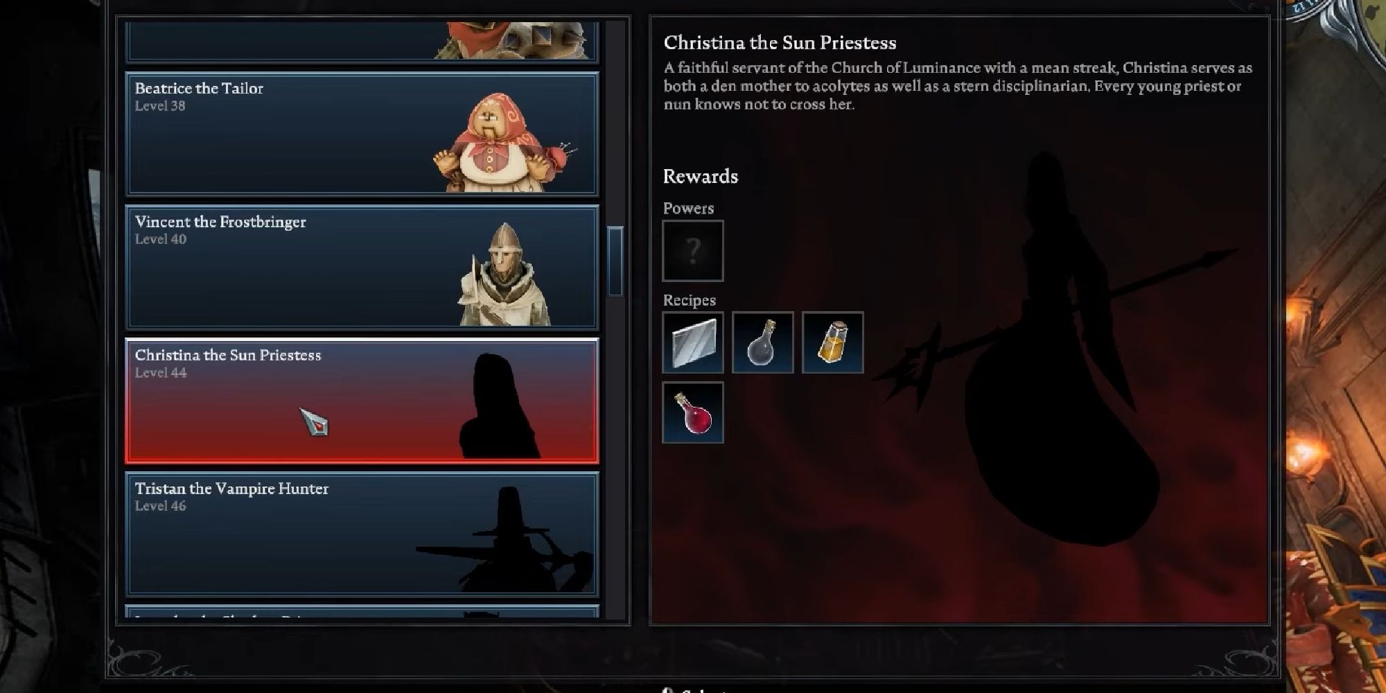 informational panel for christina the sun priestess