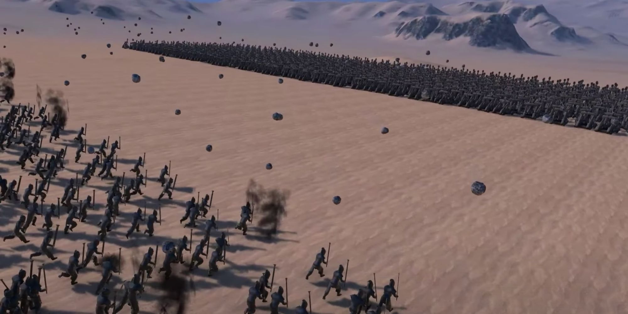Melee units charging at lines of catapults in Ultimate Epic Battle Simulator
