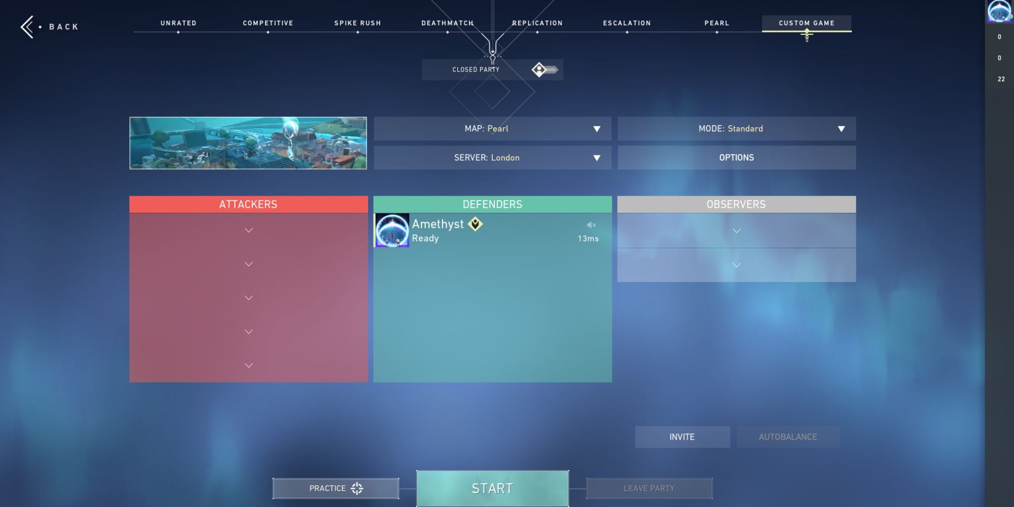 Valorant menu screen for setting up practice lineups.