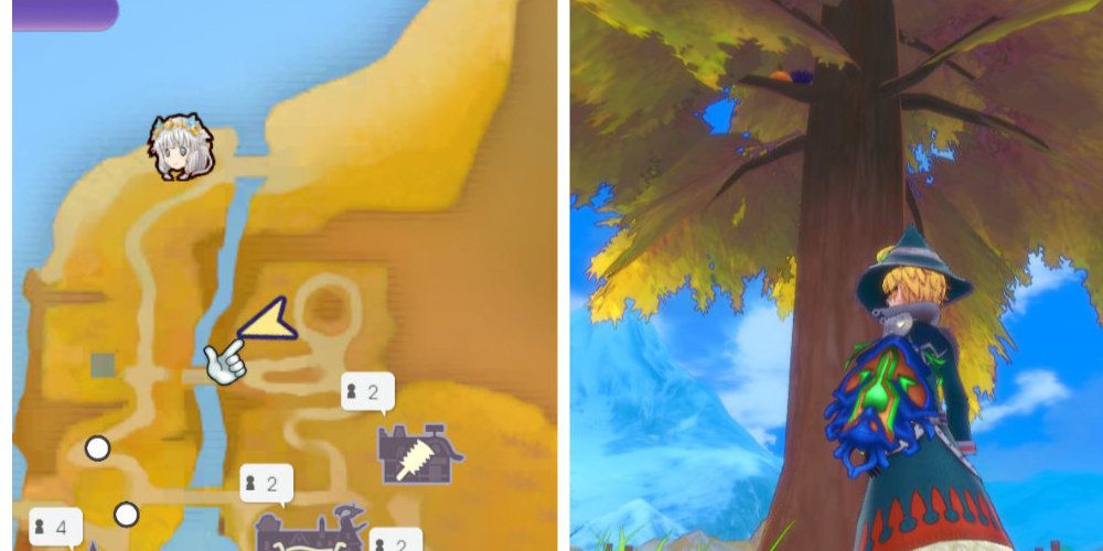Split image of a map and a character looking at a tall tree bearing fruit