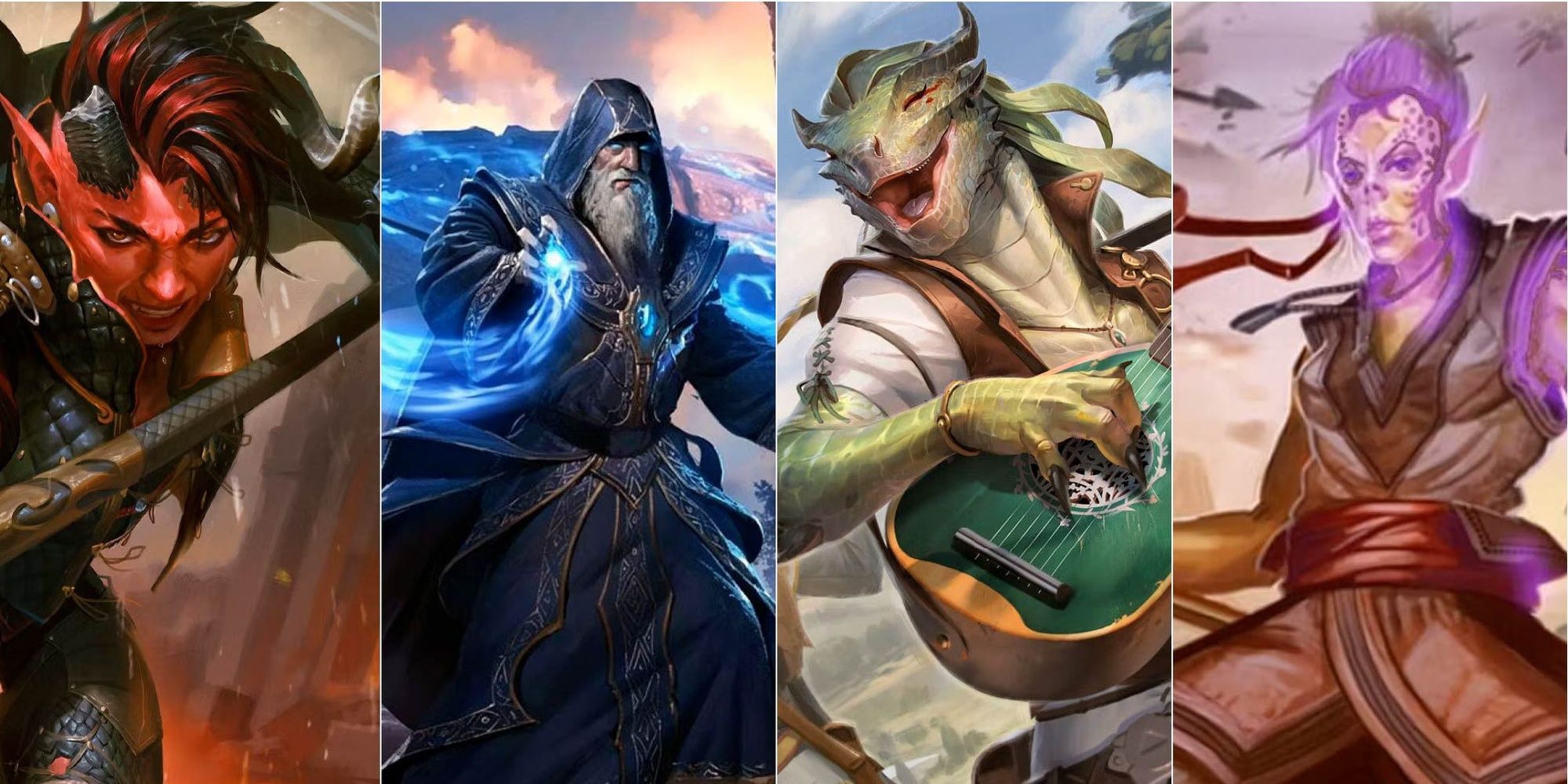 A fighter, a wizard, a bard and a monk, classes featured in Dungeons and Dragons (D&D)