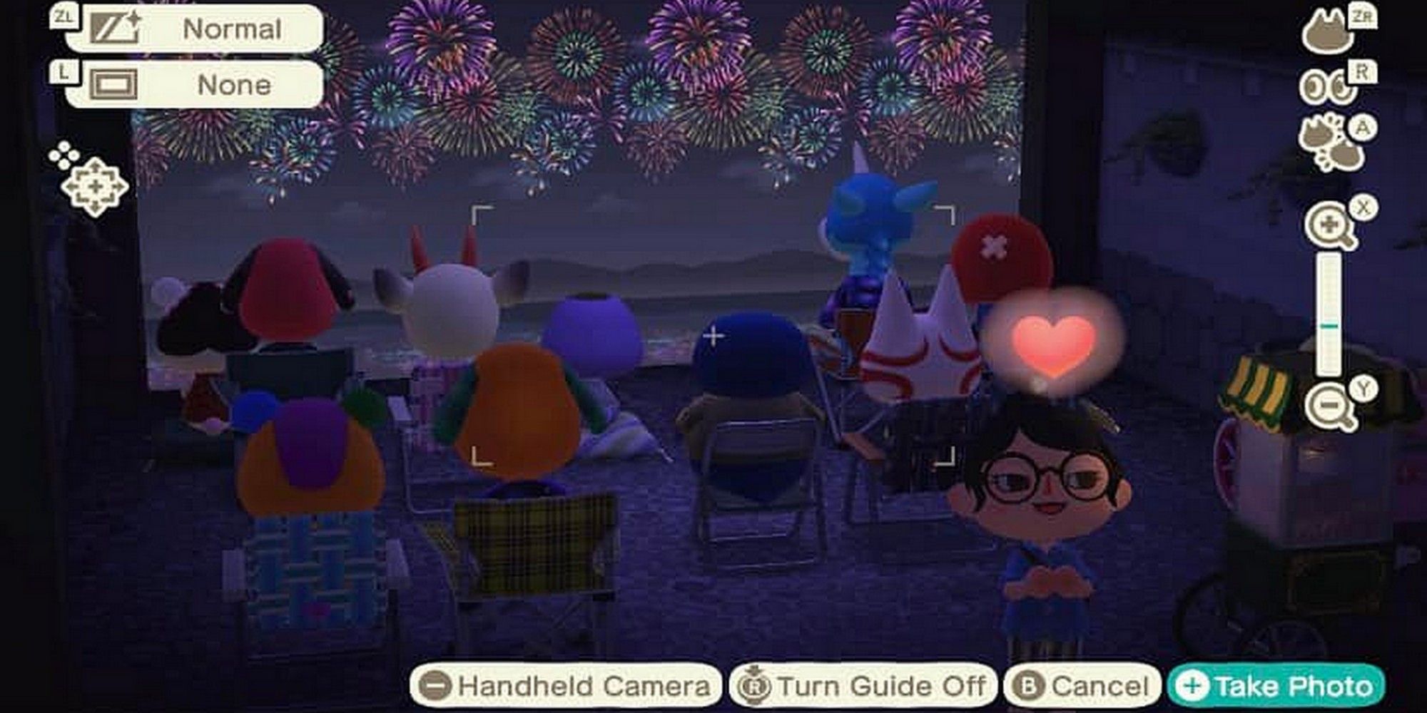 Animal Crossing New Horizons Camera Villagers Fireworks Show Heart