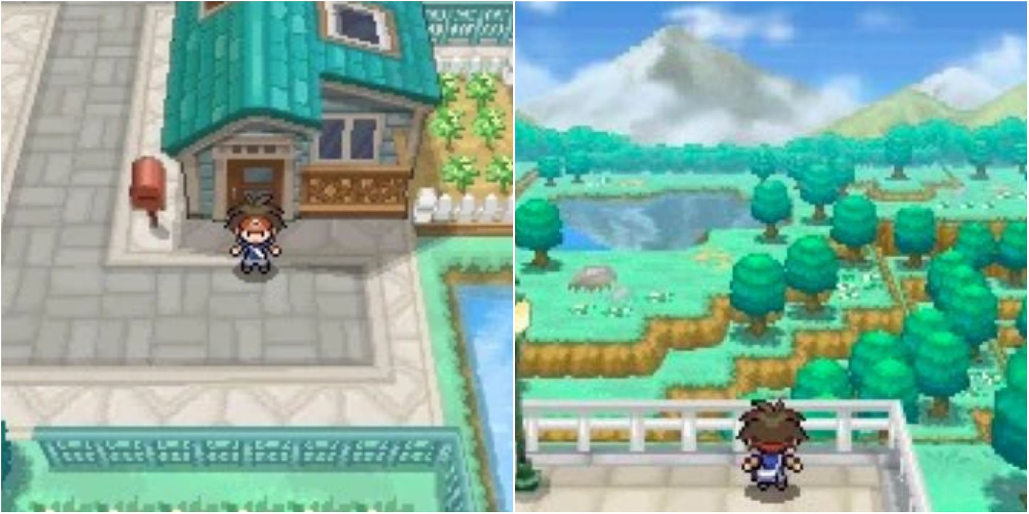 Split image screenshots of the player’s house and the lookout in Aspertia City in Pokemon Black 2 and White 2.