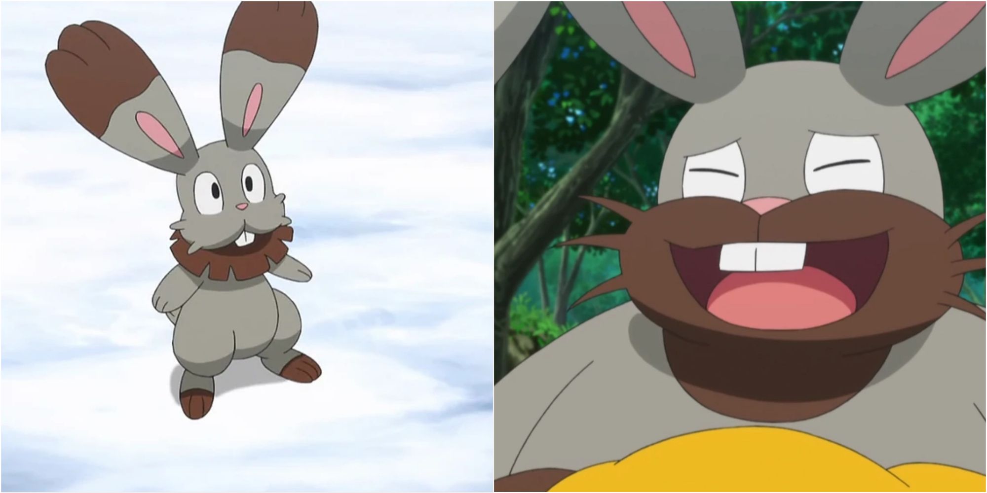 Split image screenshots of Bunnelby and Diggersby in the Pokemon anime.