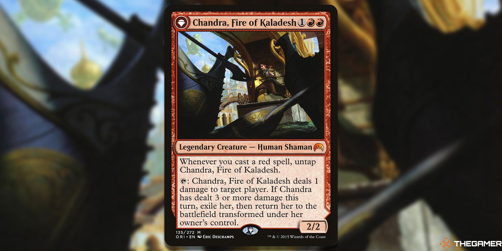 Image of the Chandra Fire of Kaladesh card in Magic: The Gathering, with art by Eric Deschamps