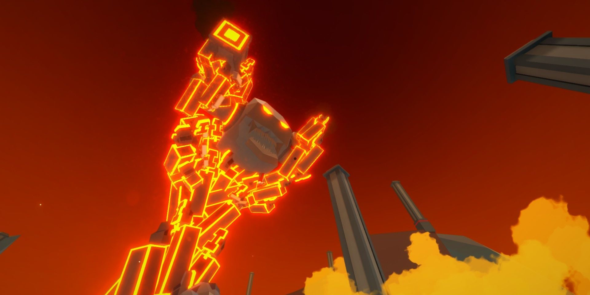 A lava goliath made of structures and trucks in Clustertruck
