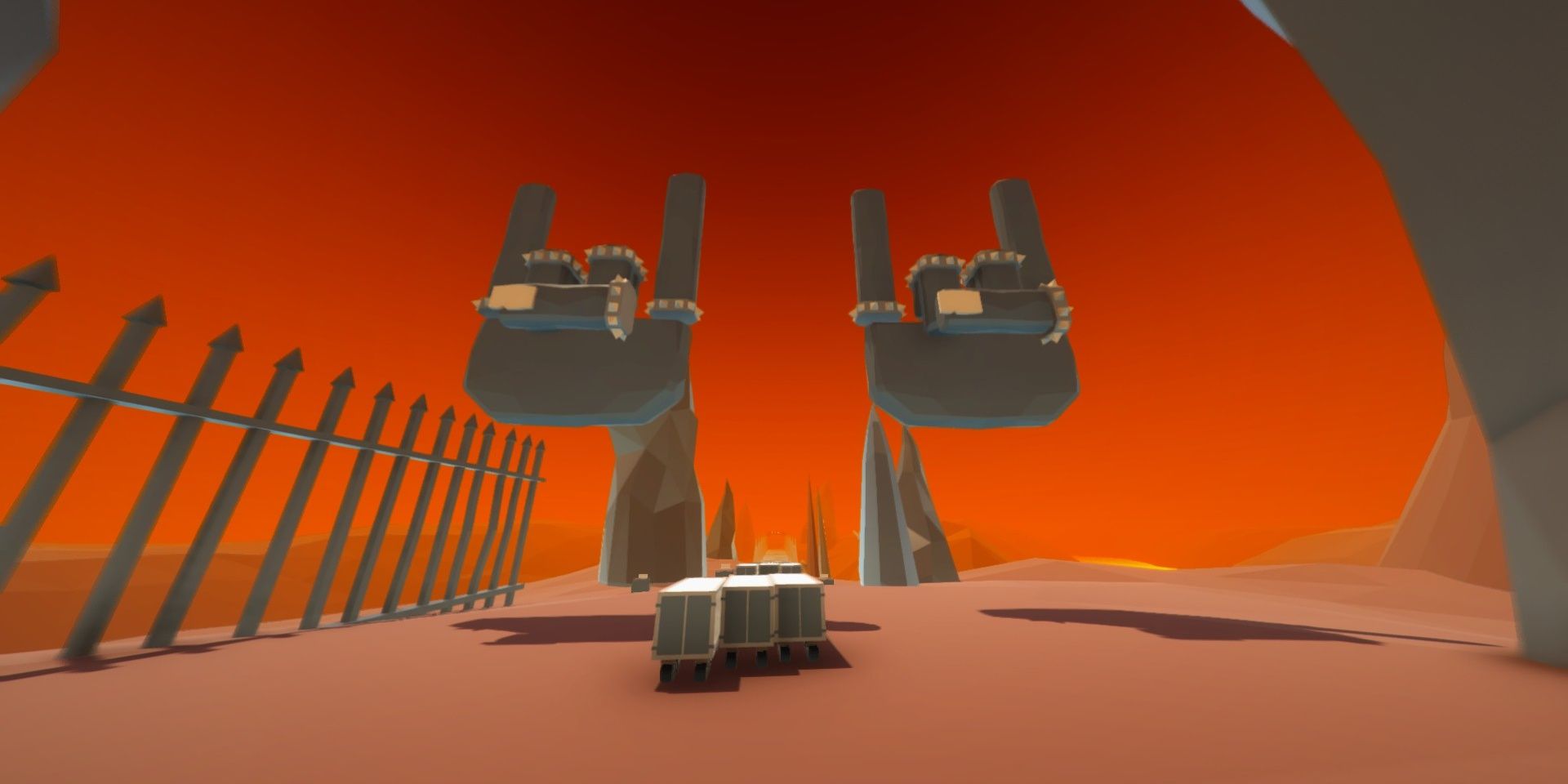 Two rock formations shaped like rock on hand symbols in Clustertruck