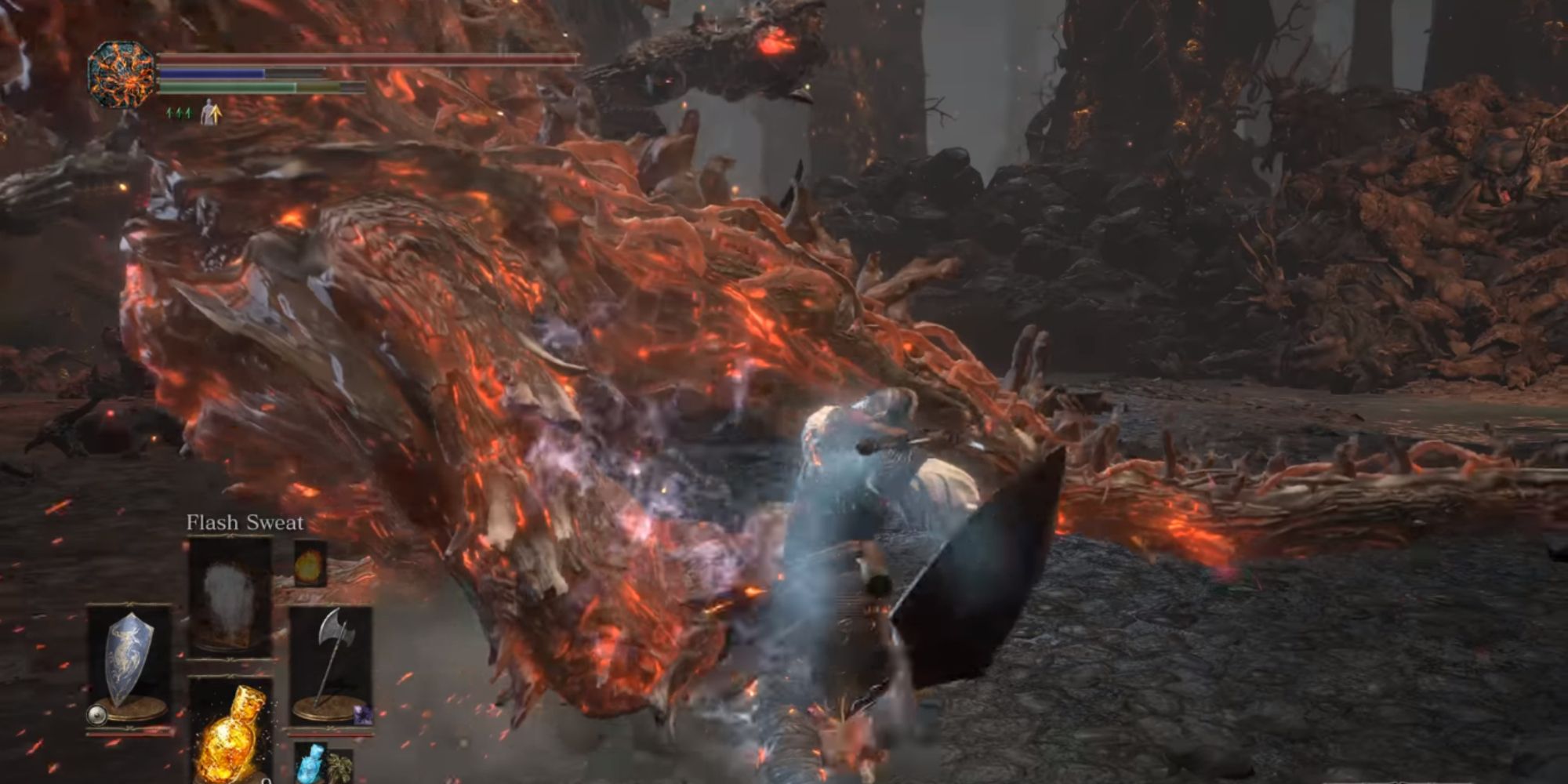 The player attacking the boss using their melee armament.