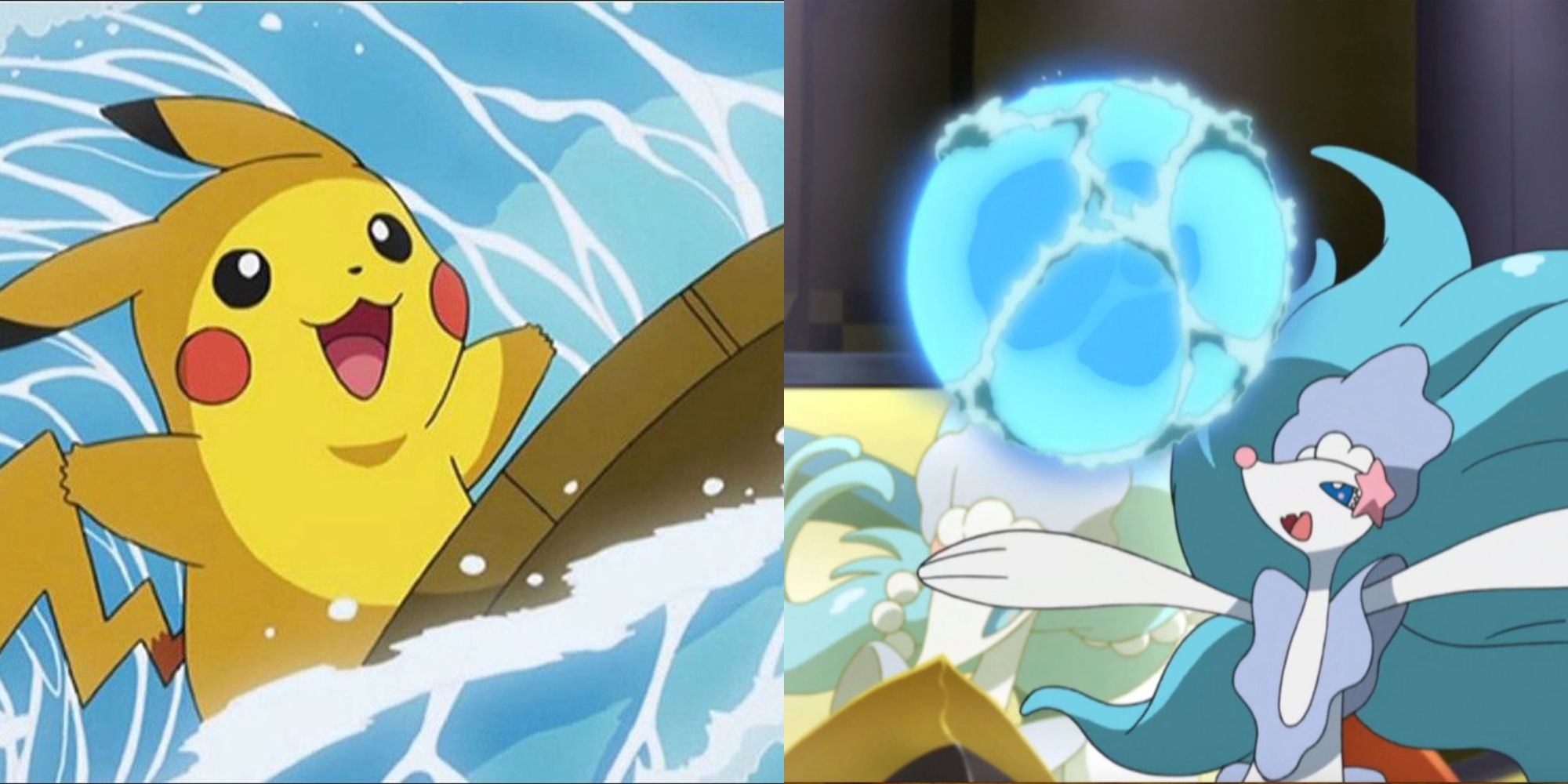 Pikachu surfing and Primarina using Sparkling Aria