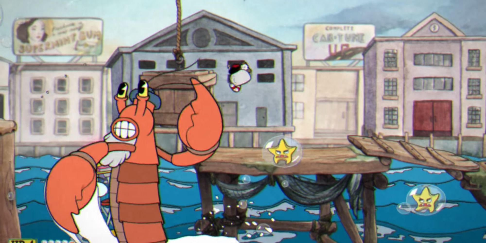 Cuphead evades Kaptain Krustacean at the Perilous Piers