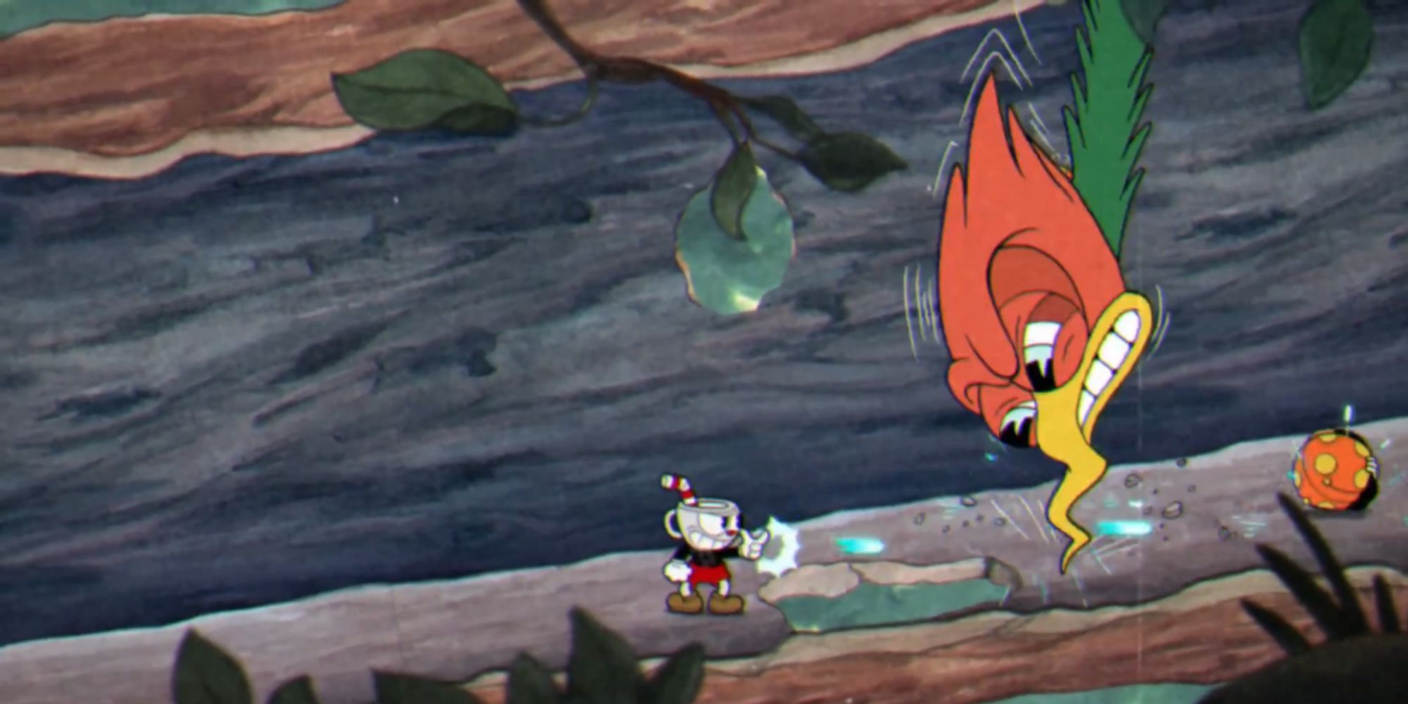 Cuphead shoots at a Woodpecker in Treetop Trouble