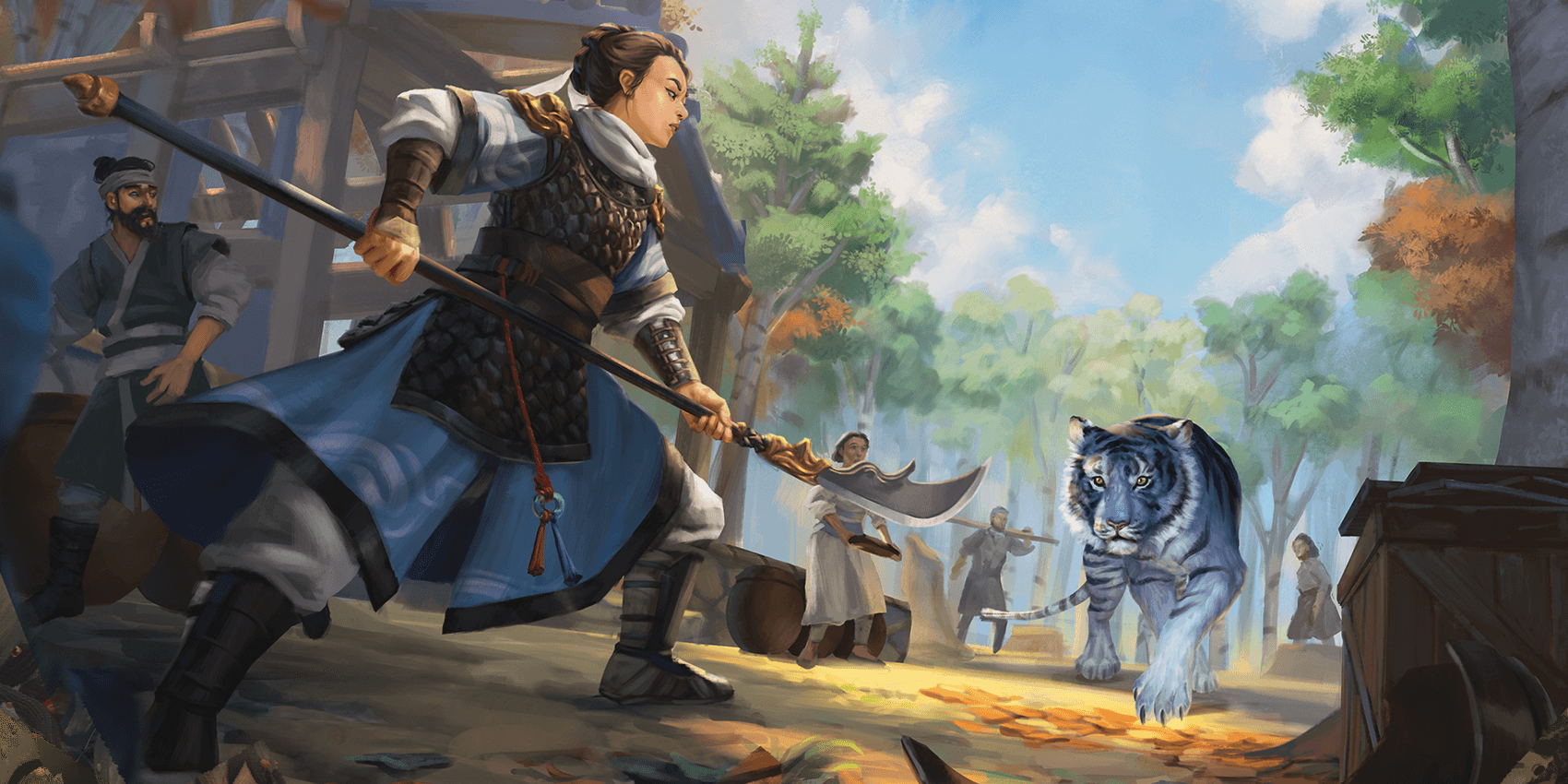 asian warrior faces off against tiger amid townspeople