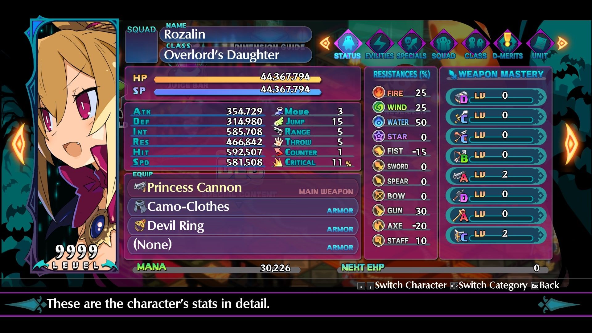 Disgaea 6 Rozalin Status Screen
