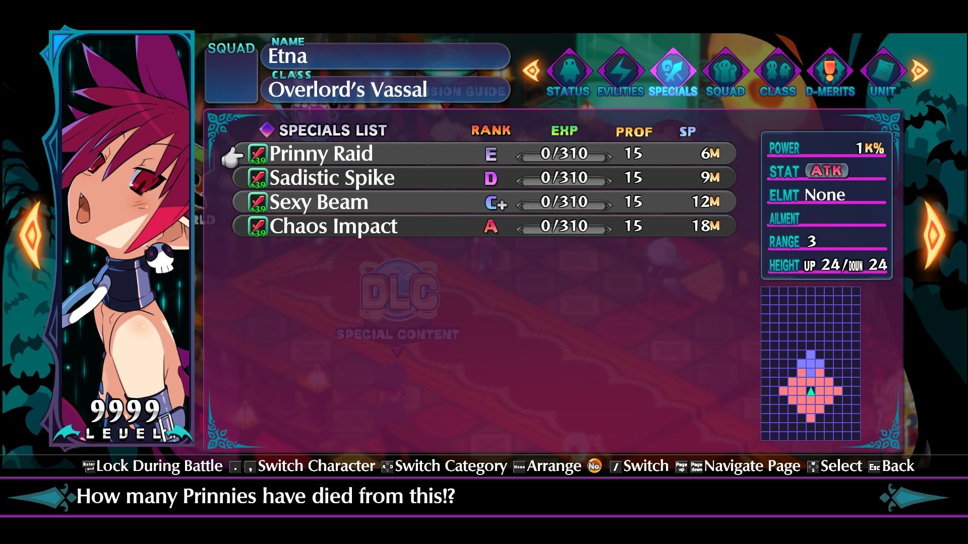 Disgaea 6 Etna specials screen