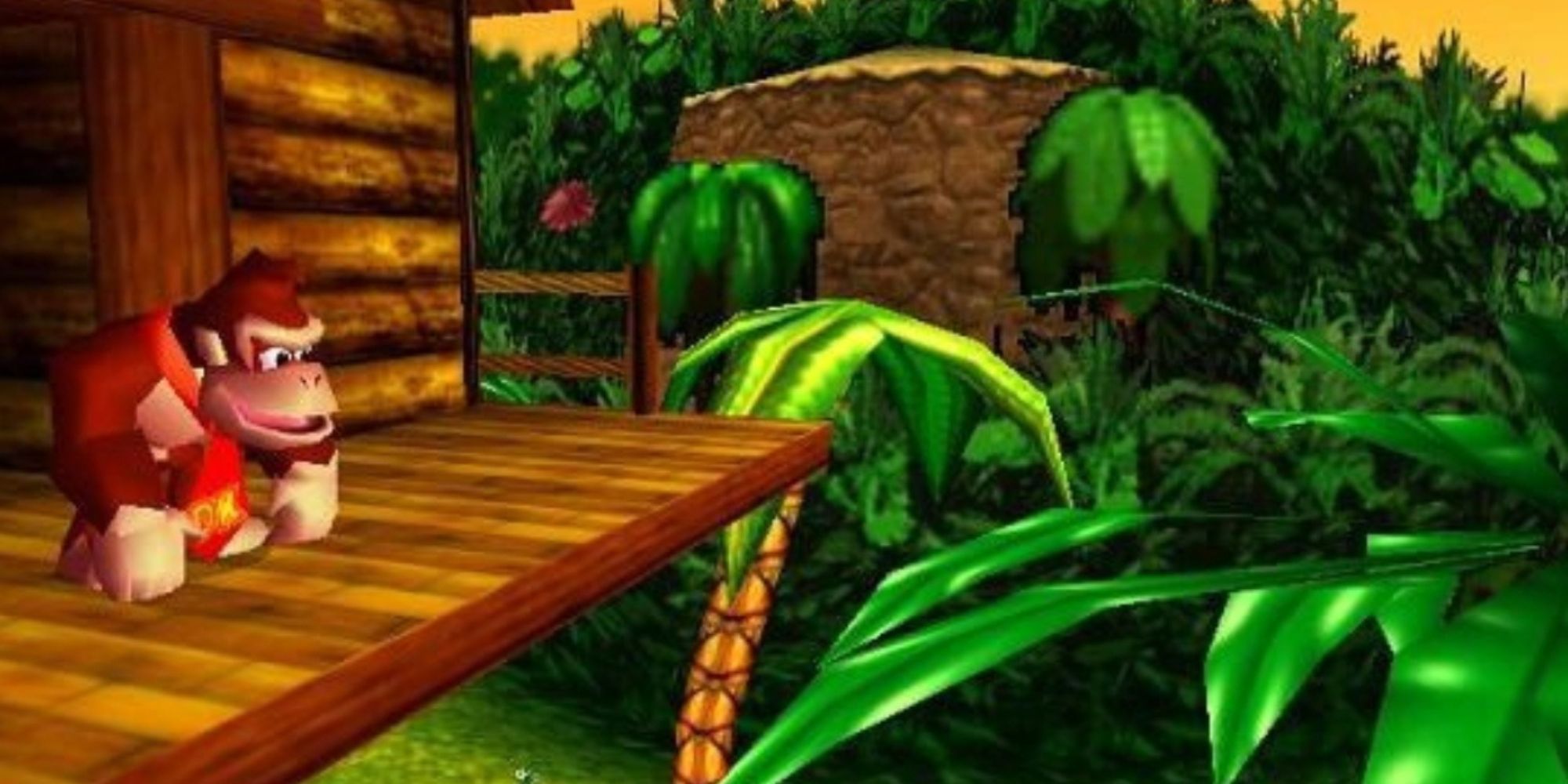 Donkey Kong stands on the porch of his tree house