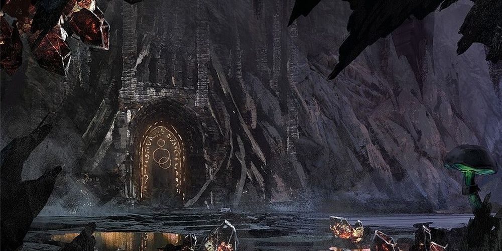 Magical sealed door entrance to dungeon within cavern