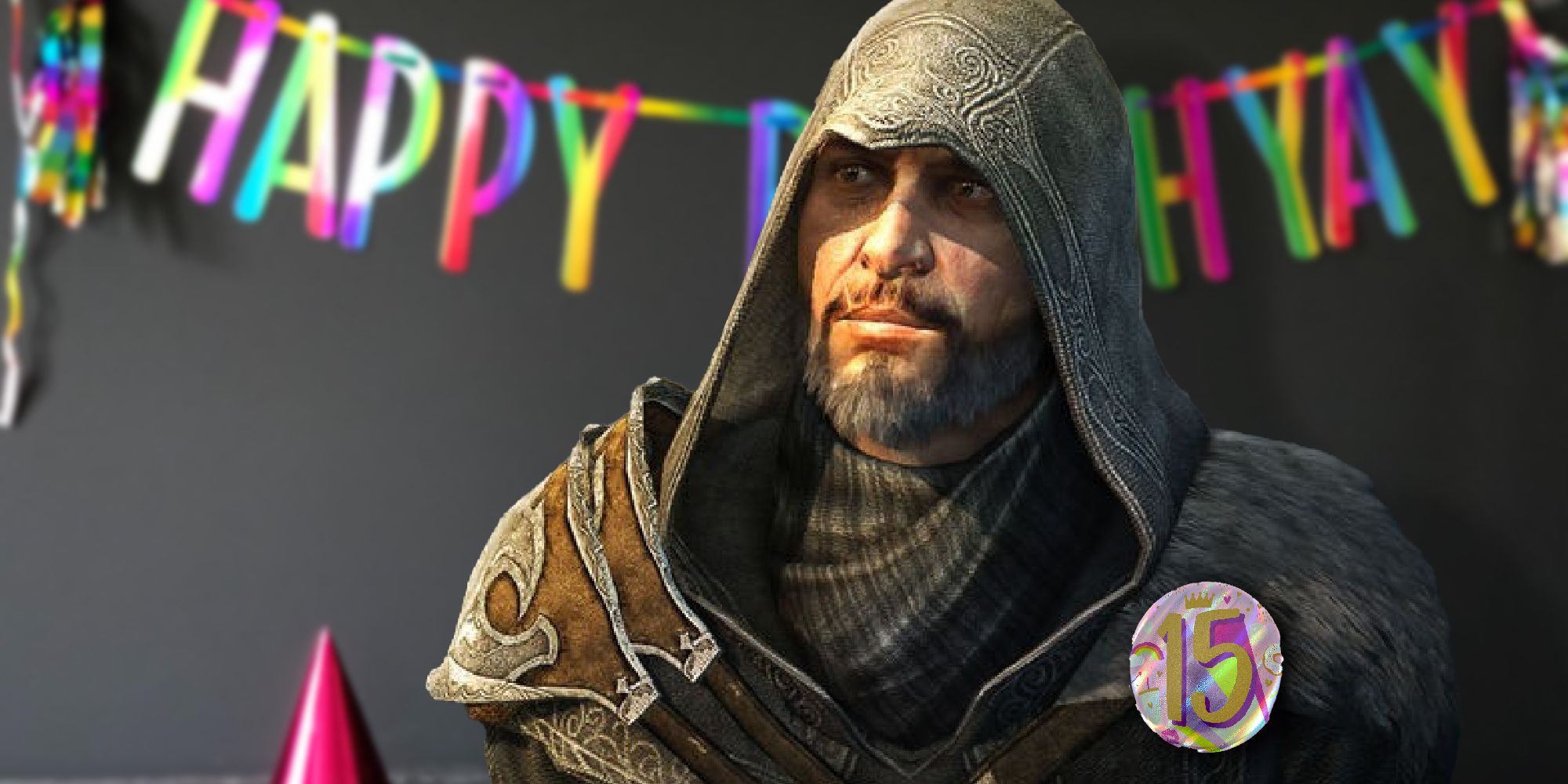 Ezio standing at a birthday party with a badge reading '15' on his chest