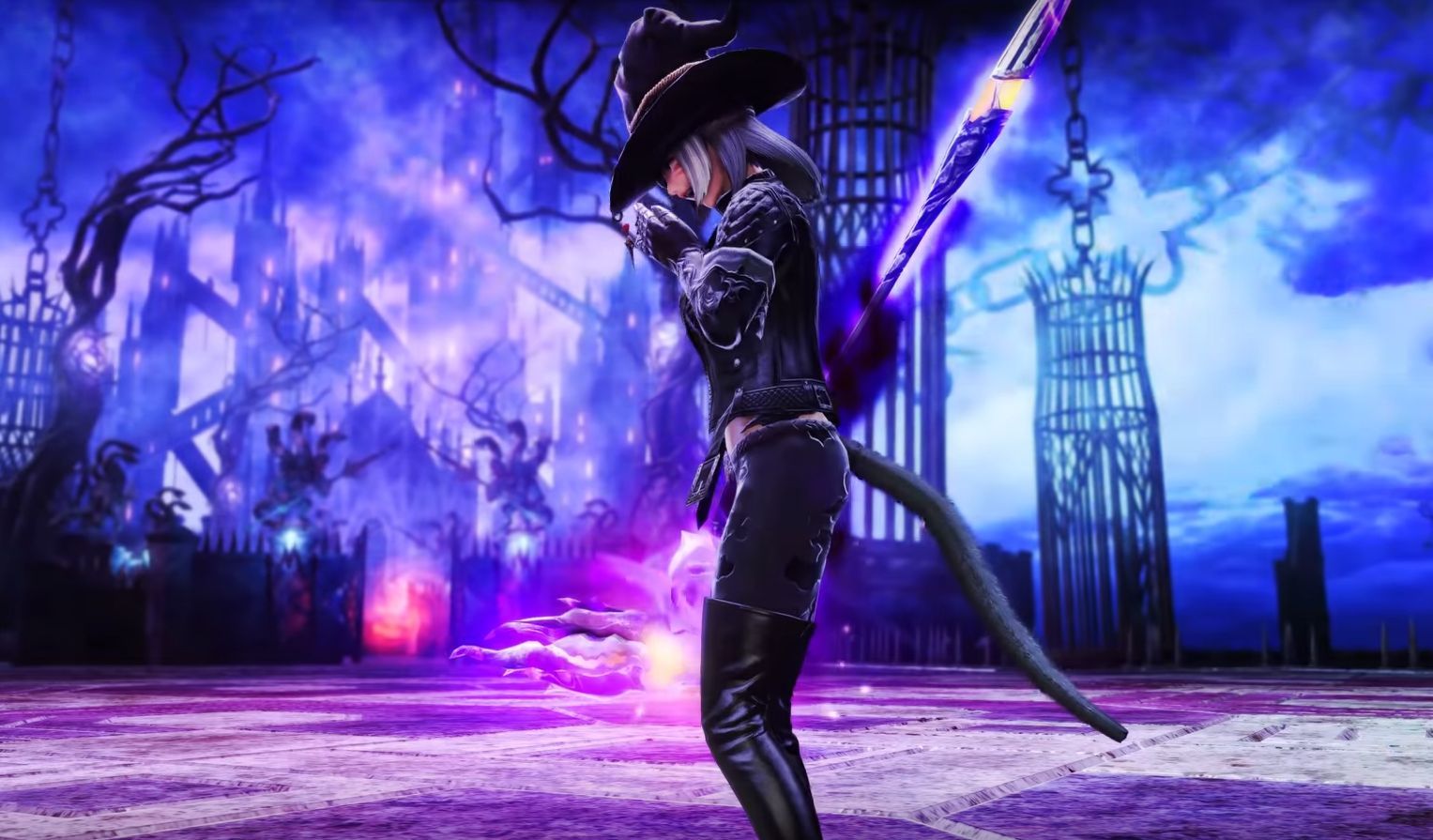 A female Black Mage standing infront of an Eerie dark castle, a purple mist swirls around the background