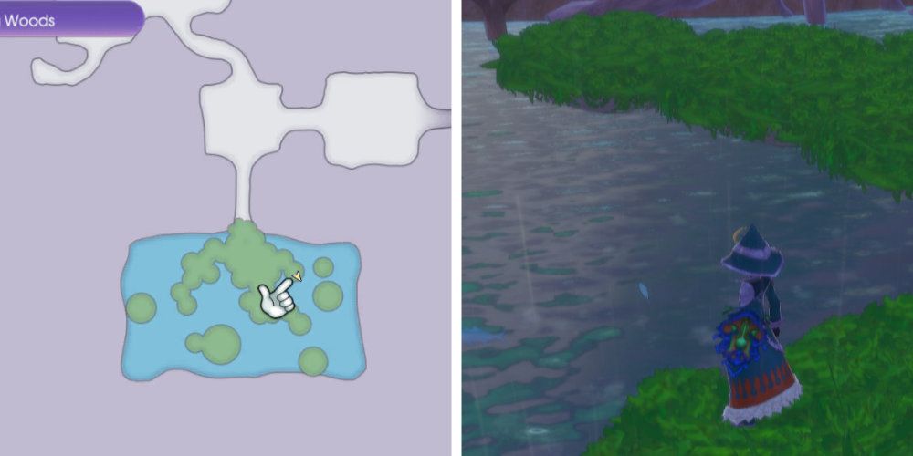 Split image of a map and a character standing by a pond