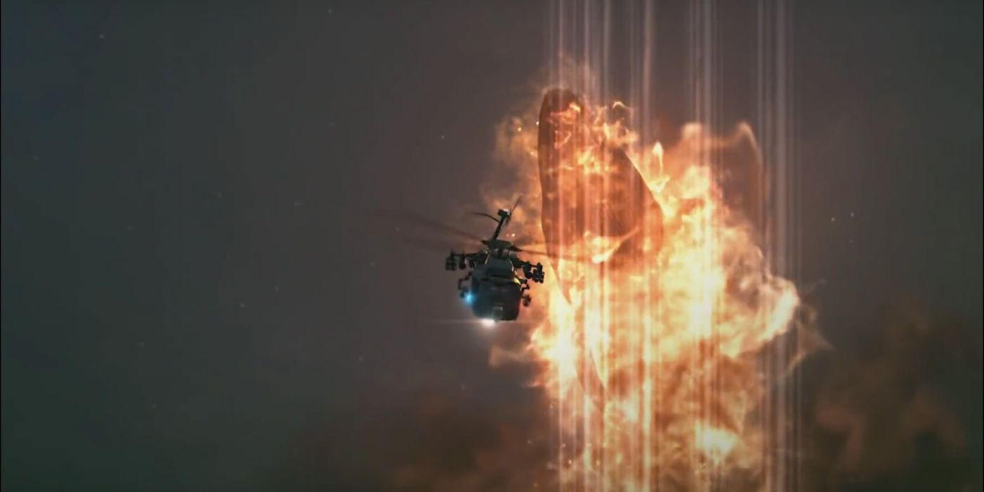 A Flaming Whale comes out of nowhere to smash down on a helocopter
