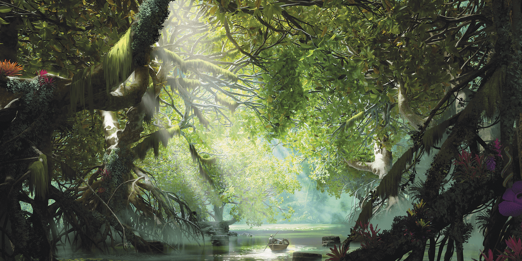 river boat paddles through forest