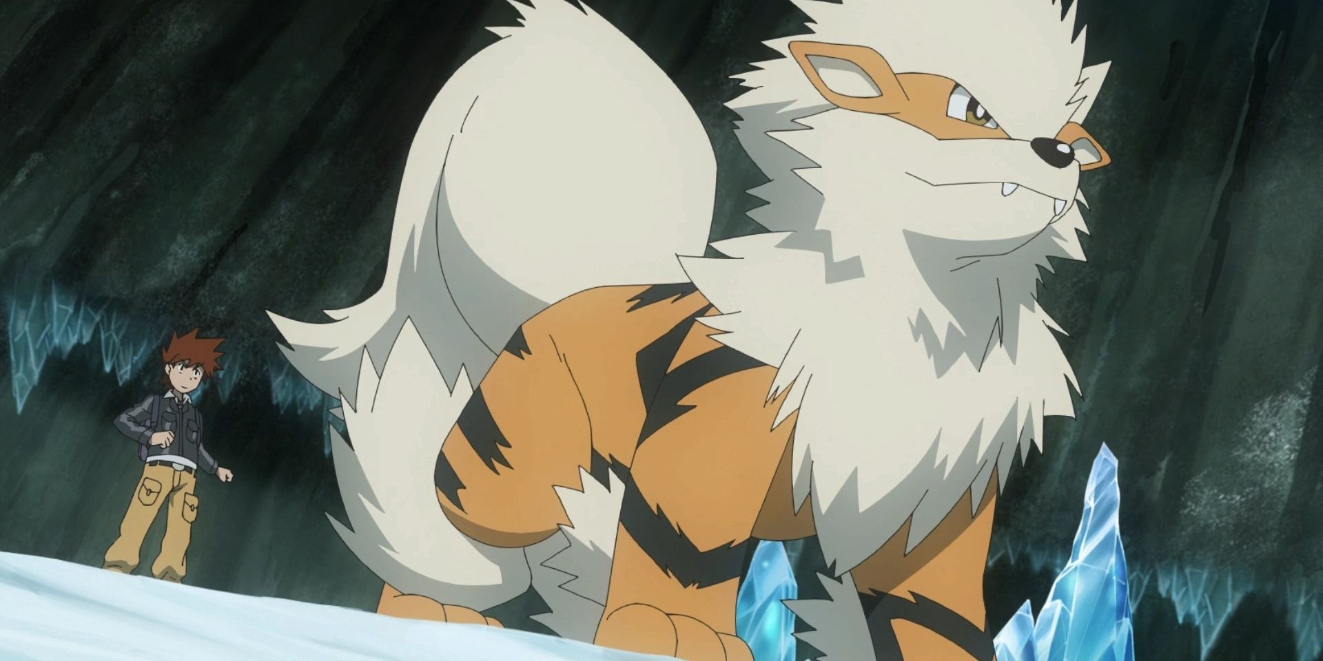 Arcanine standing in the foreground while Gary Oak from Pokemon stands in the background.