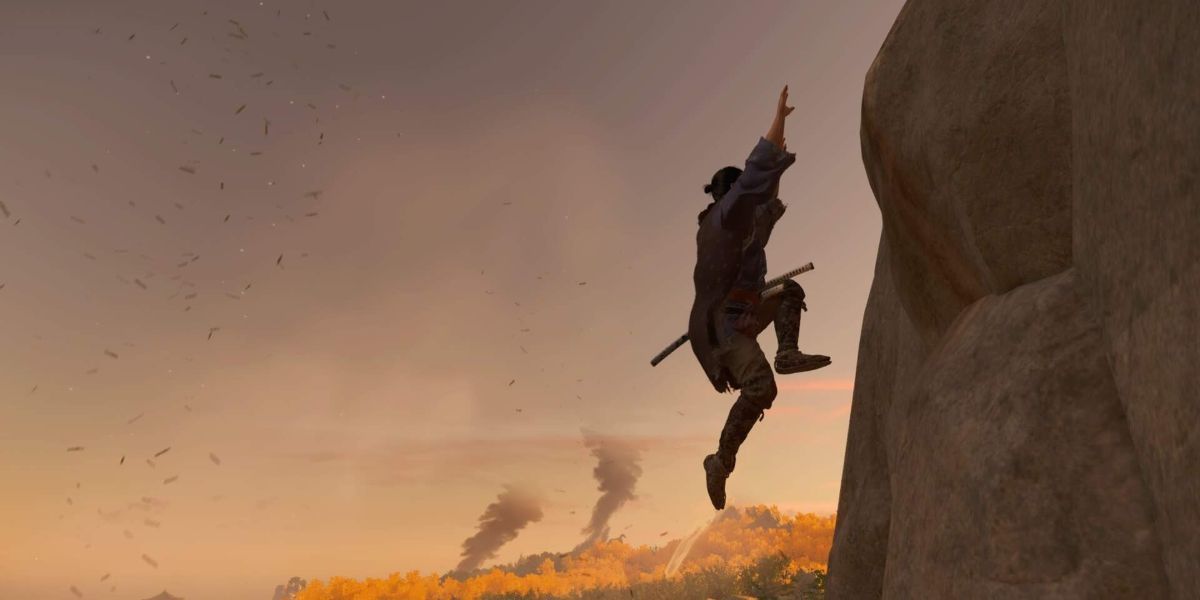 Jin Sakai climbing a cliff face in Ghost of Tsushima