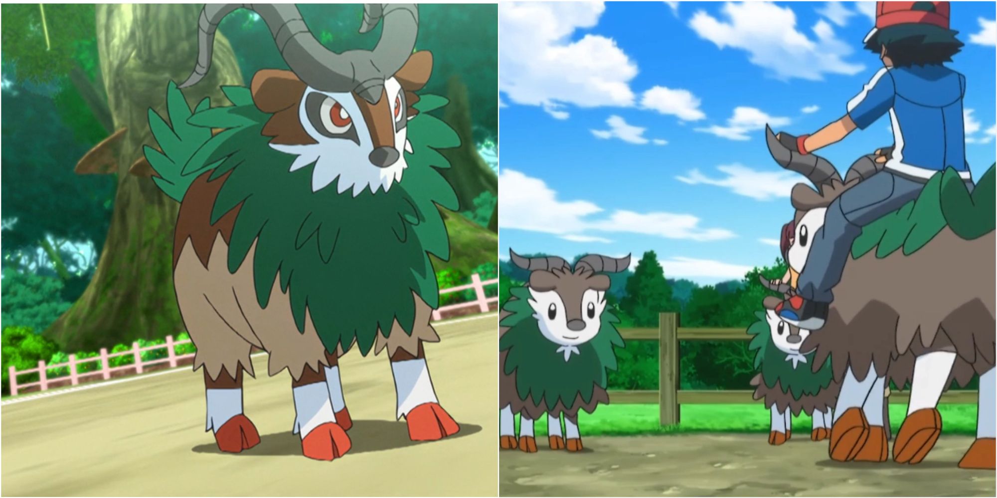 Split image screenshots of Gogoat and Skiddo in the Pokemon anime.